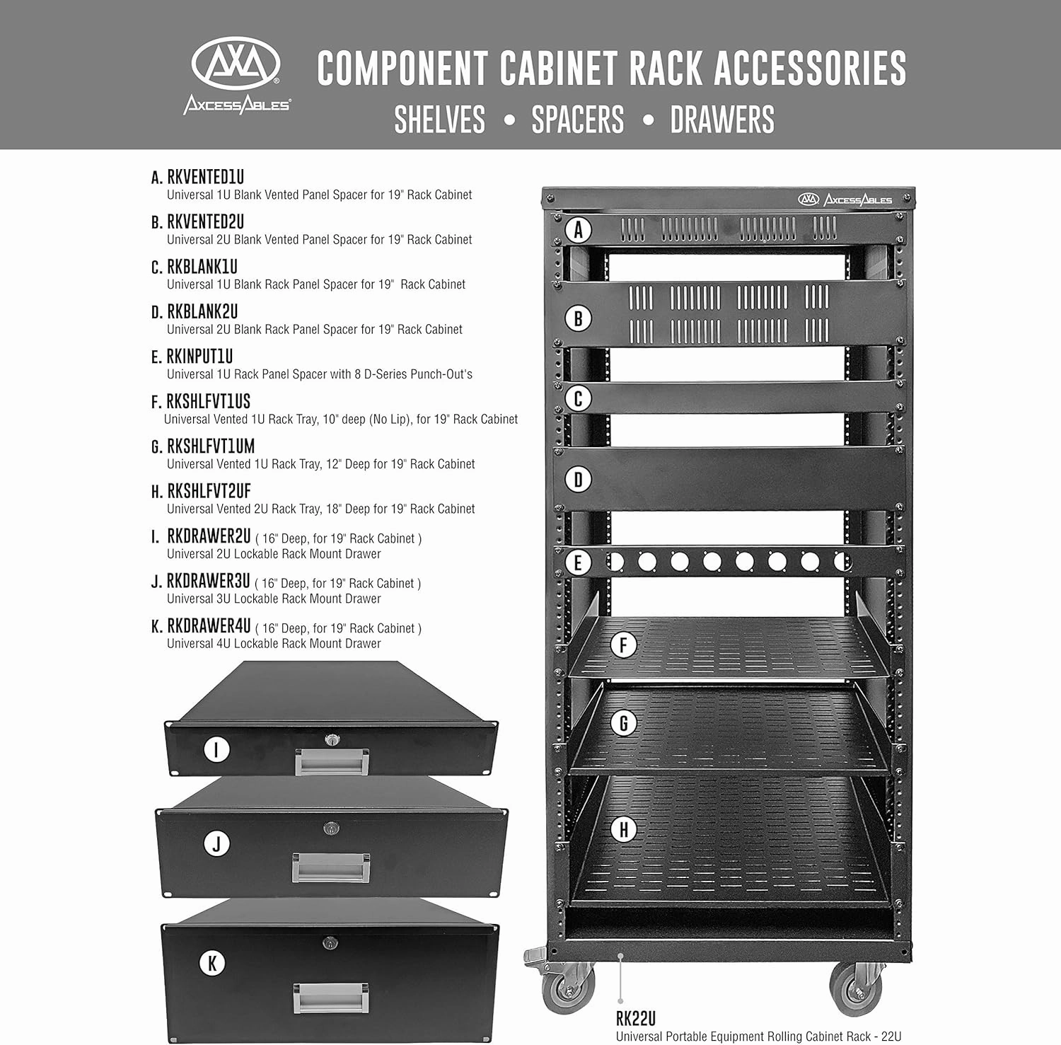 AxcessAbles 1U Vented Rack Panels - Pack of Two 1U Vented Spacers for 19-inch Equipment Cabinets and Server Racks - Single Space Filler Airflow Panels - RKVENTED1U (2 Pack)