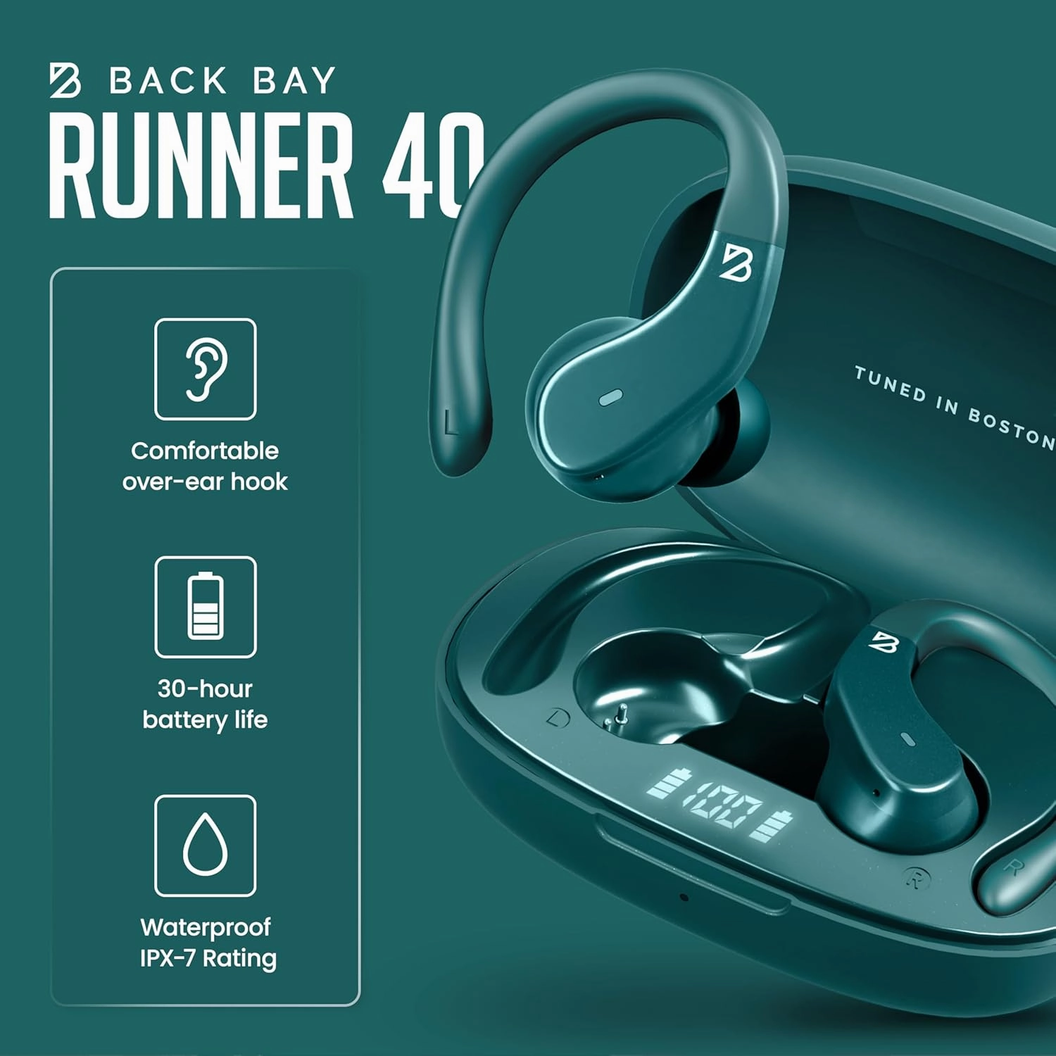 Back Bay Audio - Runner's Wireless Earbuds Bluetooth Headphones for Sports, Hook Over The Ear Buds, Deep Bass, Wrap Around Earphones with Earhooks for Running, Workout Wireless Headphones for The Gym