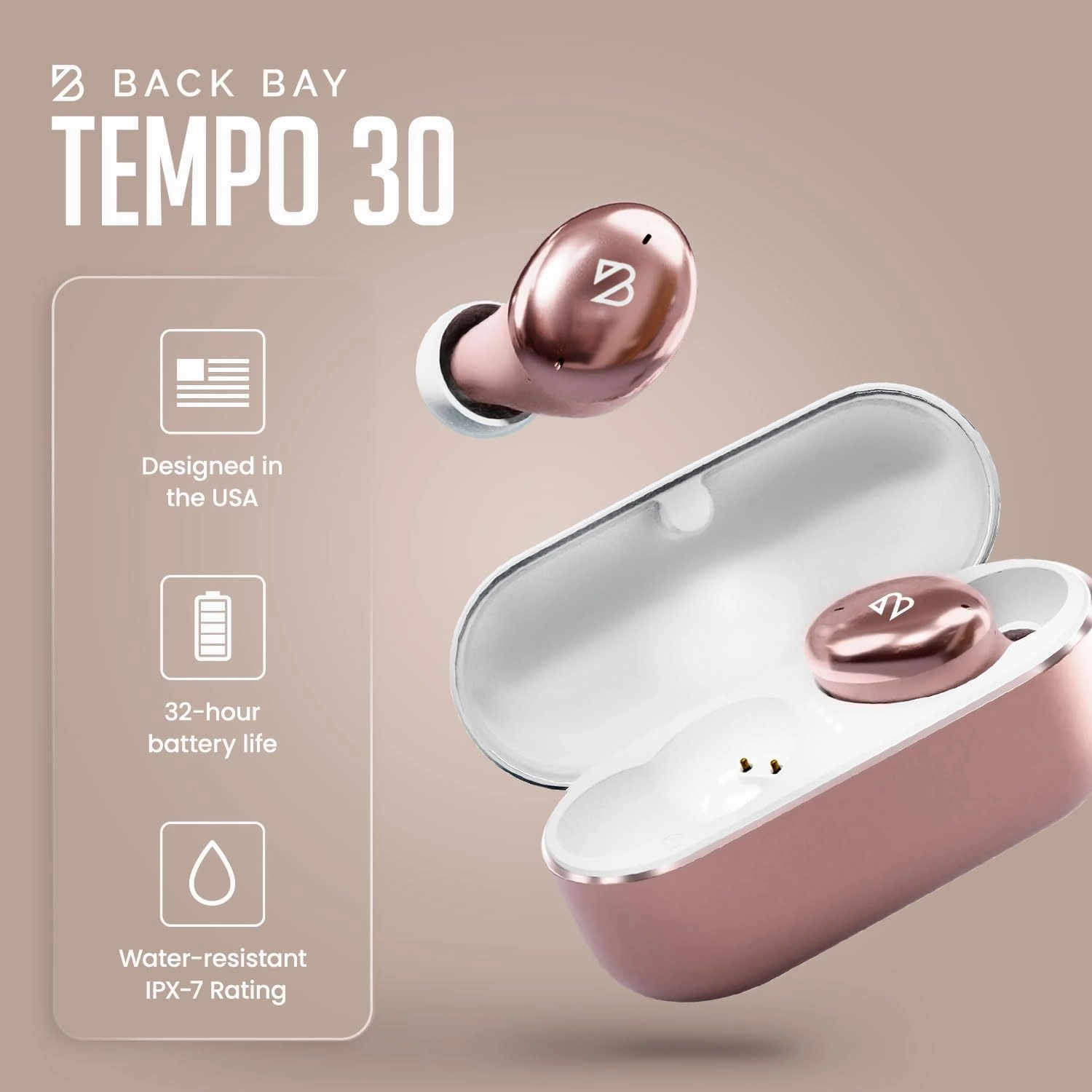 Back Bay Audio Tempo 30 Wireless Earbuds for Small Ears - Award-Winning Sound, Sweatproof Bluetooth Earbuds, Comfortable Ear Buds for Women, Pink Earphones Small Ear Canals, Long Battery Headphones