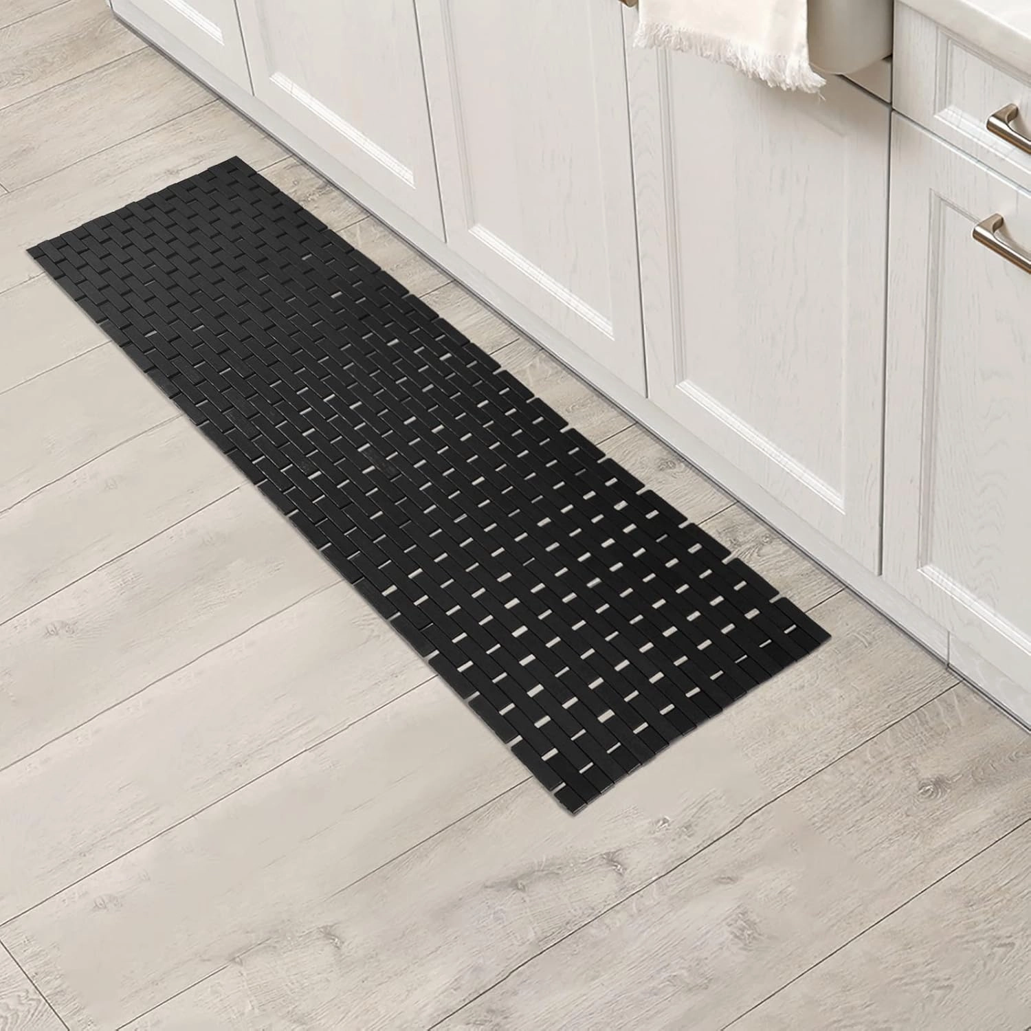 Bambo Bath Mat Bathroom Runner Long Large Rugs Floor Wood Shower Bathtub Waterproof Non Slip Accessories 16x48 Inch Easy to Clean,Black,1 pc
