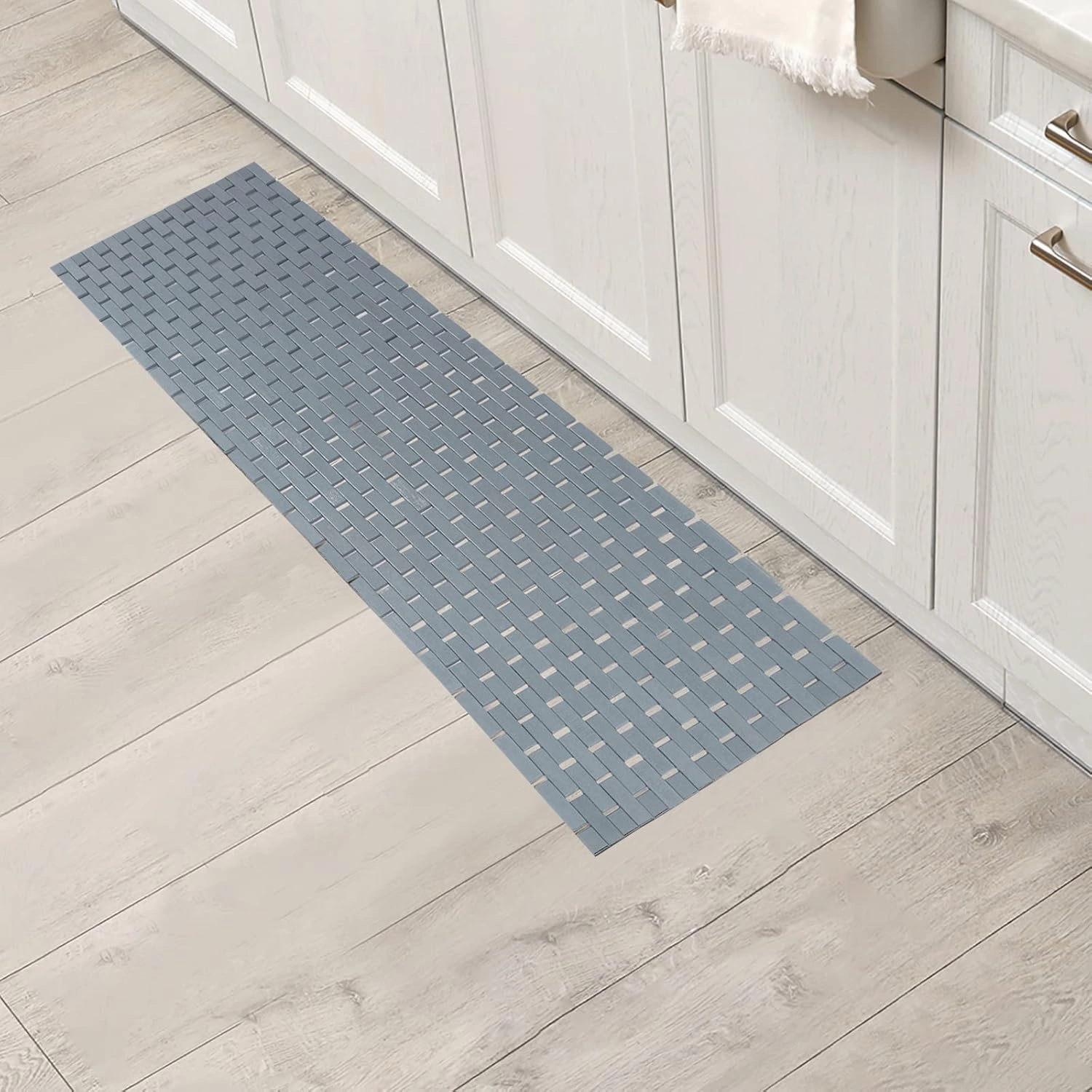 Bambo Bath Mat Bathroom Runner Long Large Rugs Floor Wood Shower Bathtub Waterproof Non Slip Accessories 16x48 Inch Easy to Clean, Grey,1 pc