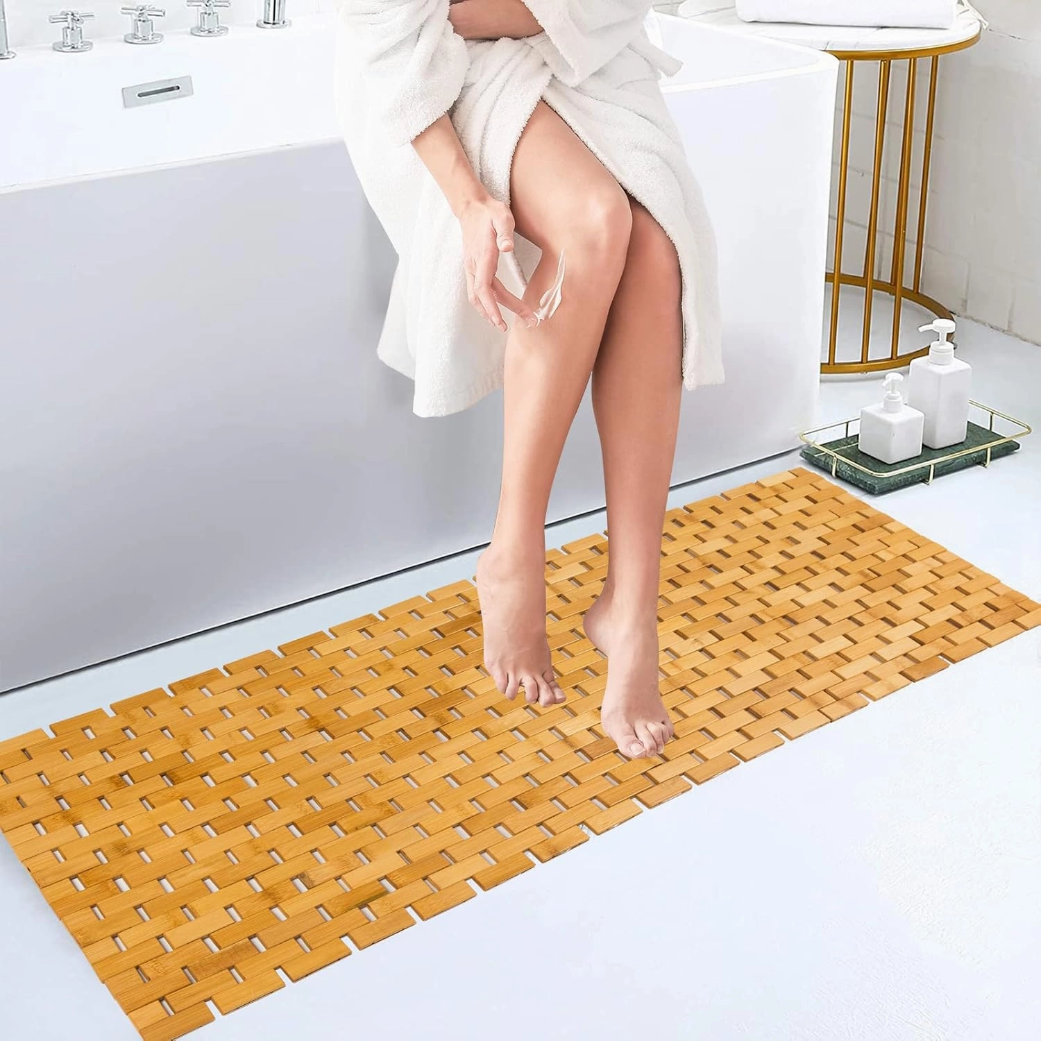 Bambo Bath Mat Bathroom Runner Long Large Rugs Floor Wood Shower Bathtub Waterproof Non Slip Accessories 16x48 Inch Easy to Clean, Natural, 1 pc vinyl accessories,turntable parts,record player tools,