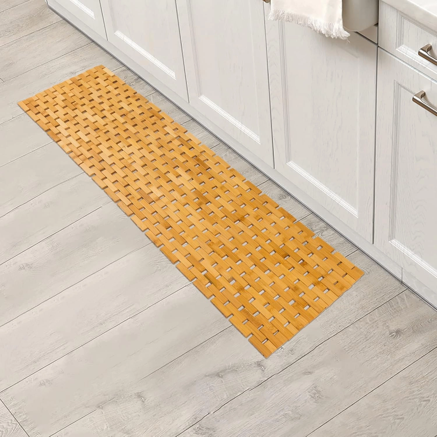 Bambo Bath Mat Bathroom Runner Long Large Rugs Floor Wood Shower Bathtub Waterproof Non Slip Accessories 16x48 Inch Easy to Clean, Natural, 1 pc