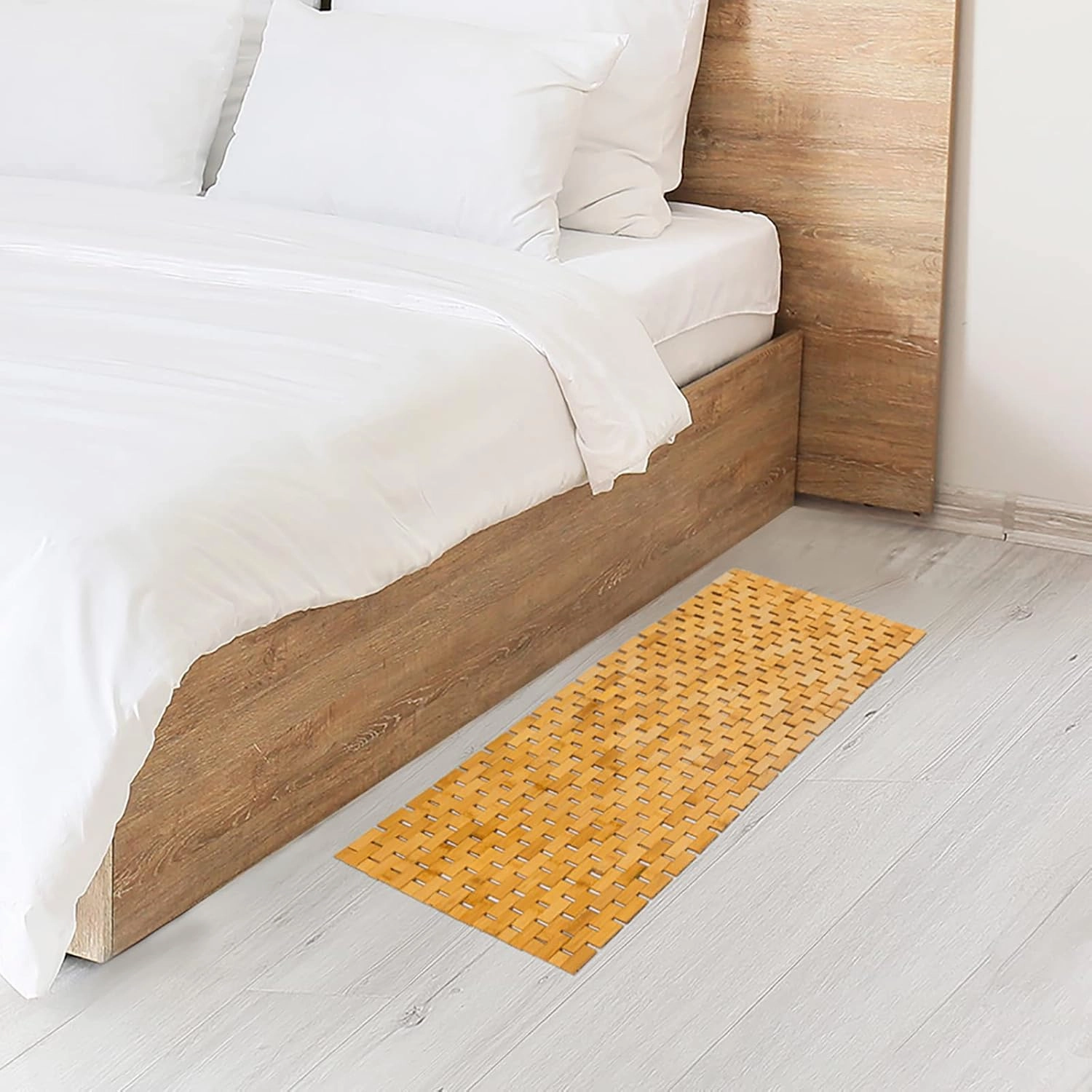Bambo Bath Mat Bathroom Runner Long Large Rugs Floor Wood Shower Bathtub Waterproof Non Slip Accessories 16x48 Inch Easy to Clean, Natural, 1 pc