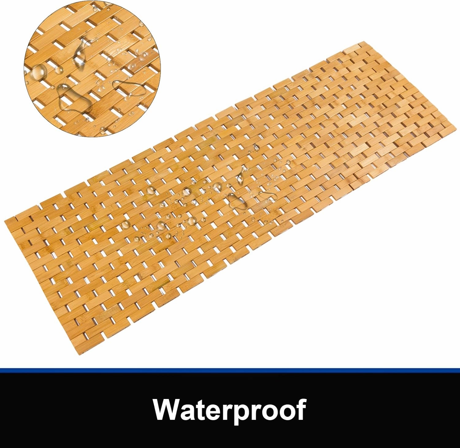 Bambo Bath Mat Bathroom Runner Long Large Rugs Floor Wood Shower Bathtub Waterproof Non Slip Accessories 16x48 Inch Easy to Clean, Natural, 1 pc