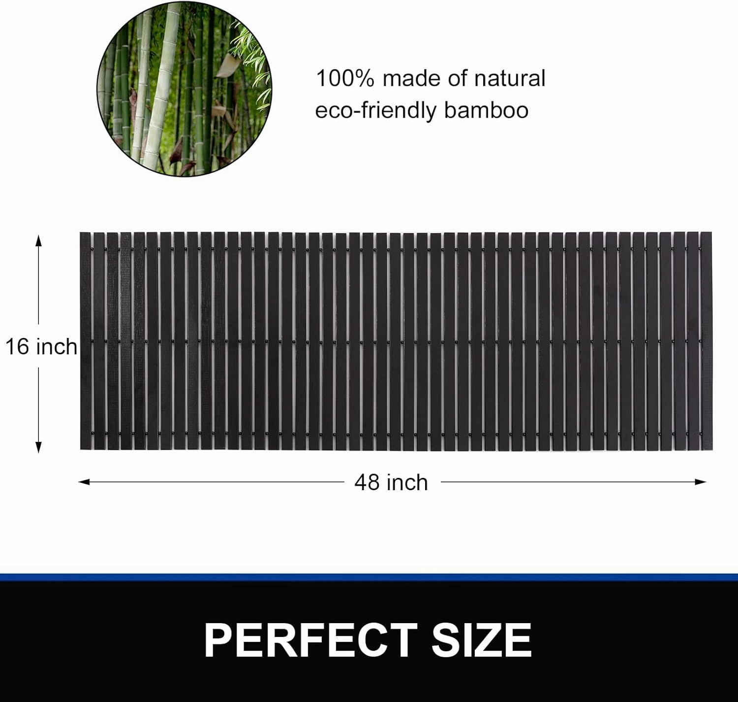 Bamboo Bath Mat Bathroom Runner Long Large Rugs Floor Wood Shower Bathtub Waterproof Non Slip Accessories 16x48 Inch Easy to Clean, Black Bamboo, 1 pc