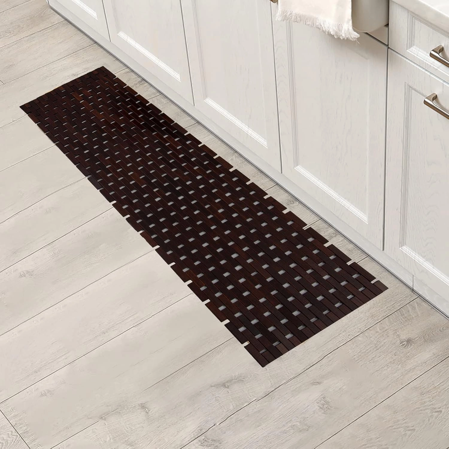 Bamboo Bath Mat Bathroom Runner Long Large Rugs Floor Wood Shower Bathtub Waterproof Non Slip Accessories 16x48 Inch Easy to Clean, Brown, 1 pc