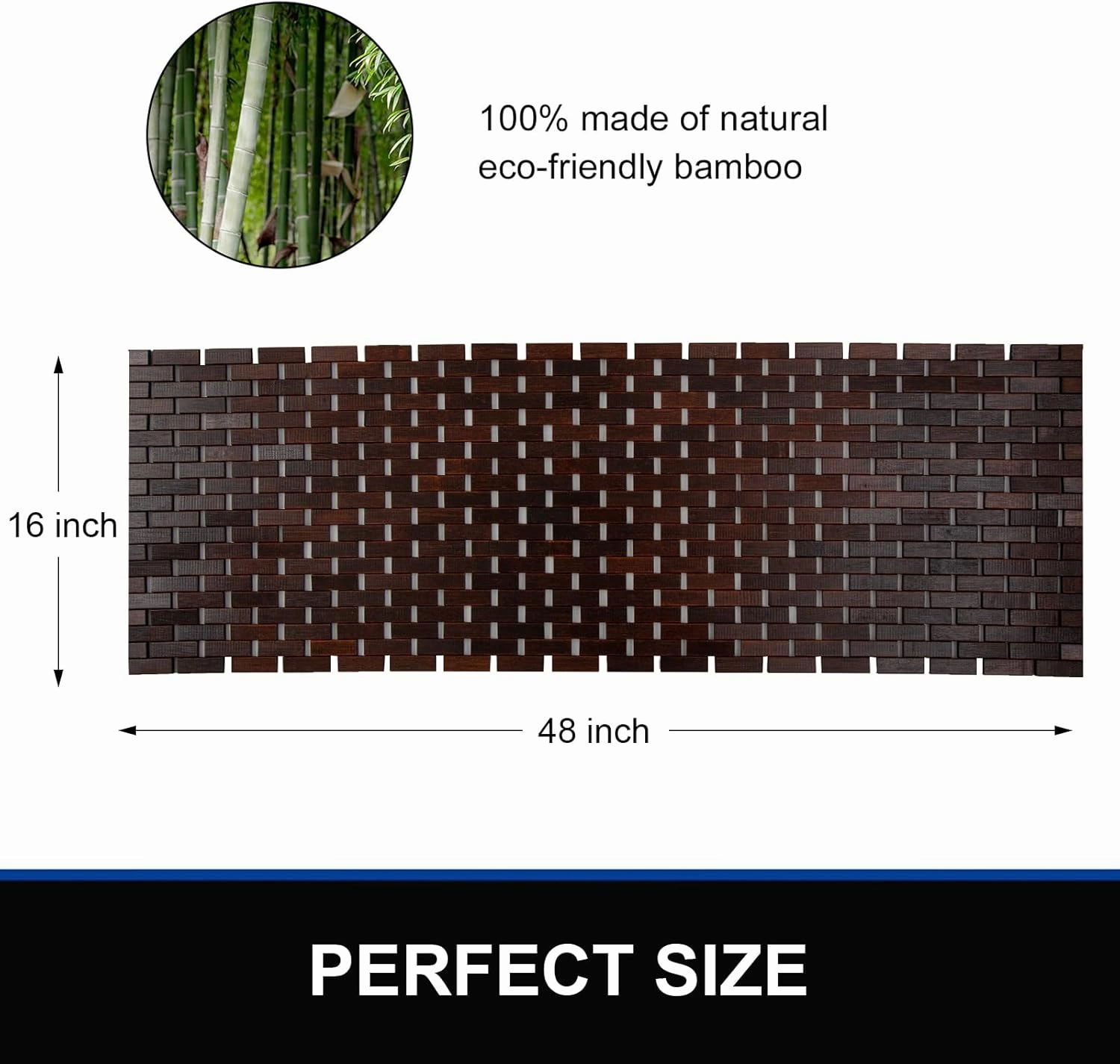 Bamboo Bath Mat Bathroom Runner Long Large Rugs Floor Wood Shower Bathtub Waterproof Non Slip Accessories 16x48 Inch Easy to Clean, Brown, 1 pc