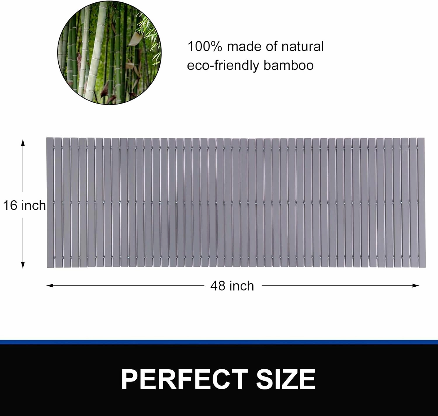 Bamboo Bath Mat Bathroom Runner Long Large Rugs Floor Wood Shower Bathtub Waterproof Non Slip Accessories 16x48 Inch Easy to Clean, Grey Bamboo, 1 pc