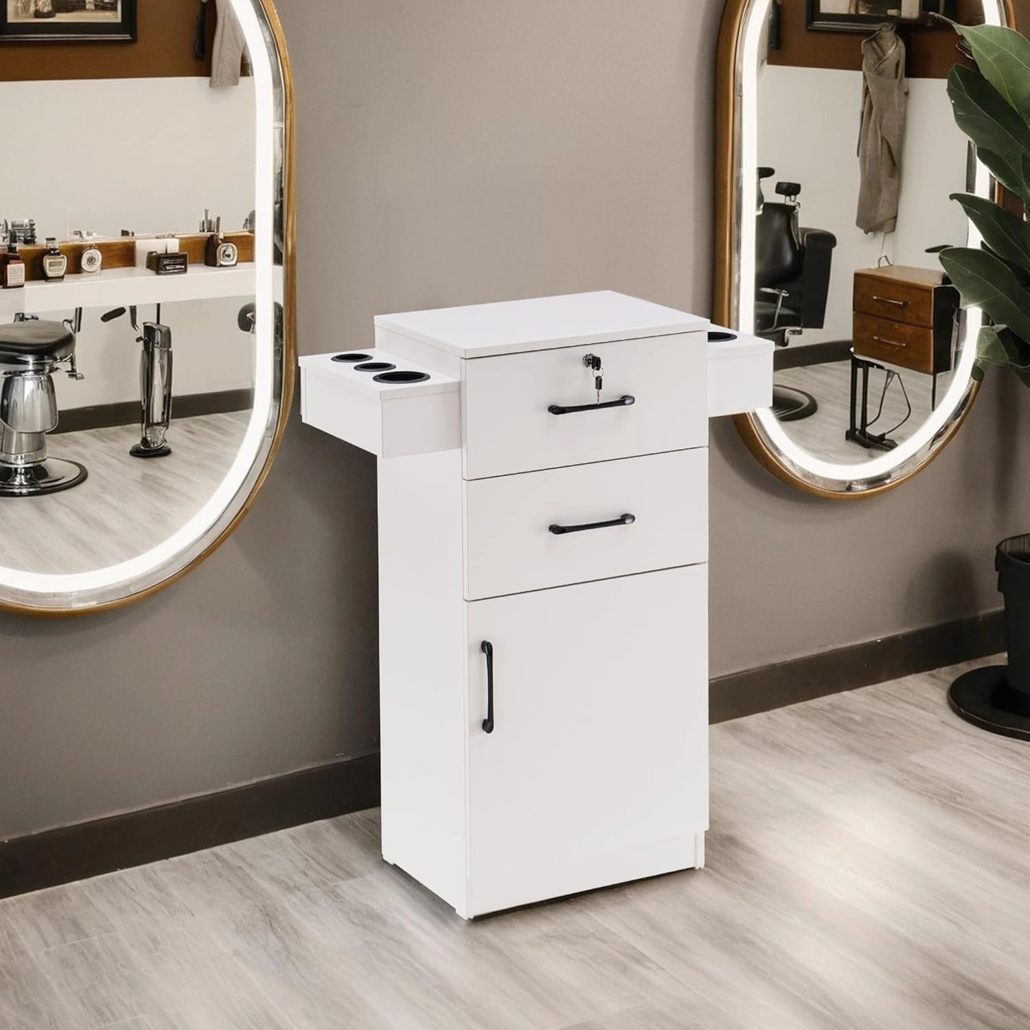 BarberPub 38"x18"x14" Locking Beauty Salon Storage Cabinet, Barber Styling Station with Nylon Hair Dryer Holder, Barber Shop Stylist Equipment with Drawers 2021 (White)
