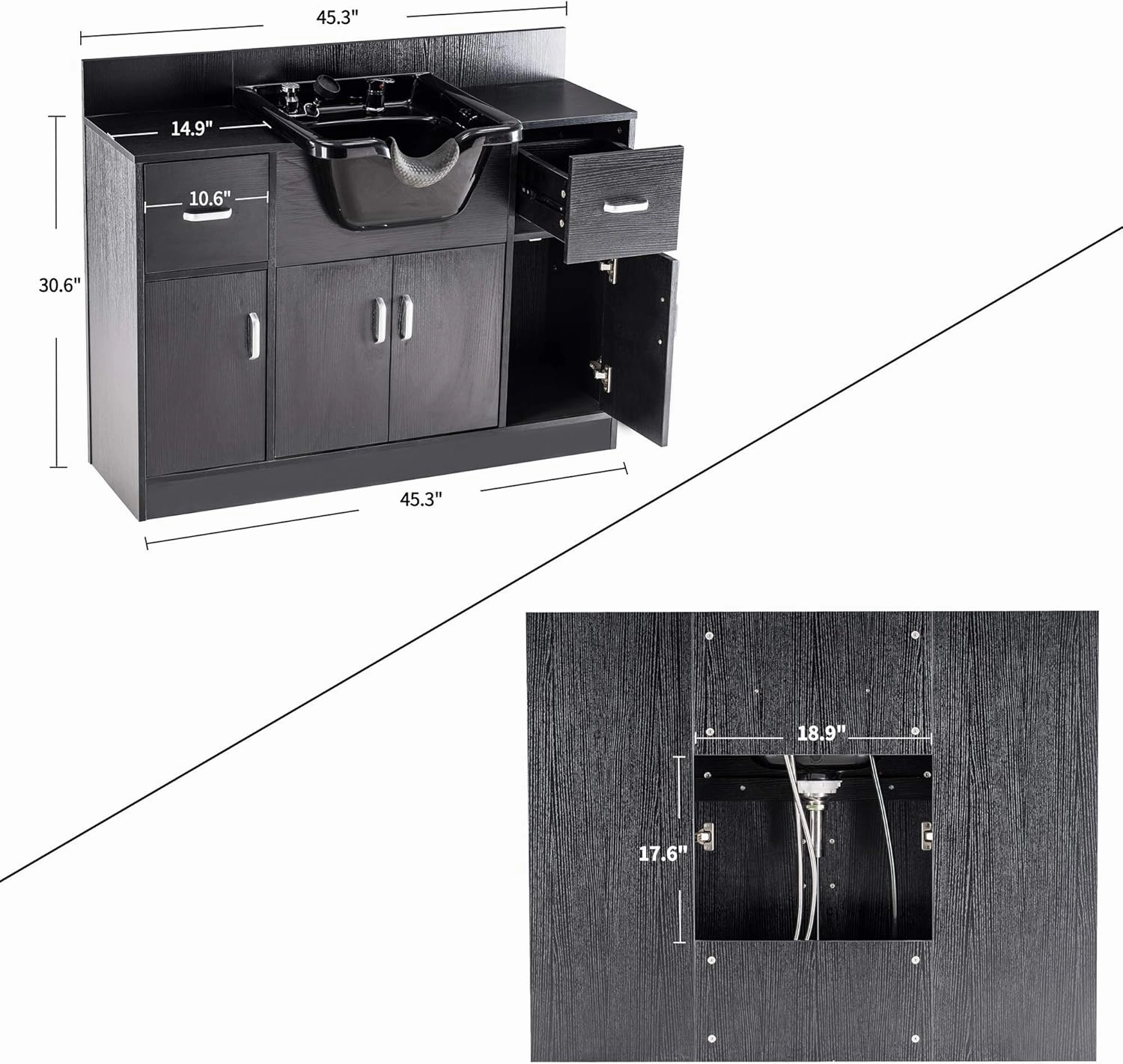 BarberPub Multi-Functional Shampoo Backwash Sink Station with Shampoo Bowl for Hair Stylist, Salon Spa Beauty Cabinet with Faucet Sprayer, Barber Storage Equipment 45.3" x 14.1'' x 36.4" 7139