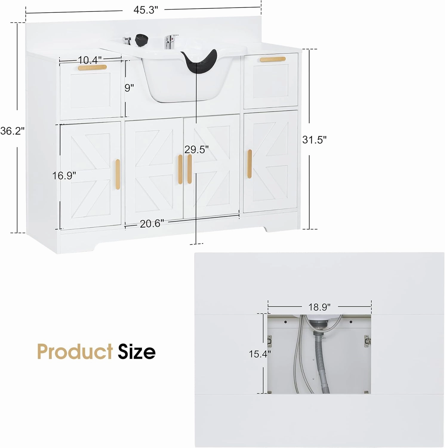 BarberPub Portable Shampoo Station, Shampoo Bowl with Cabinet & Drawer, Salon Geometric Finish Station with Sprayer Faucet, Barber Storage Equipment with Hair Wash Backwash Sink 3439 (All White)