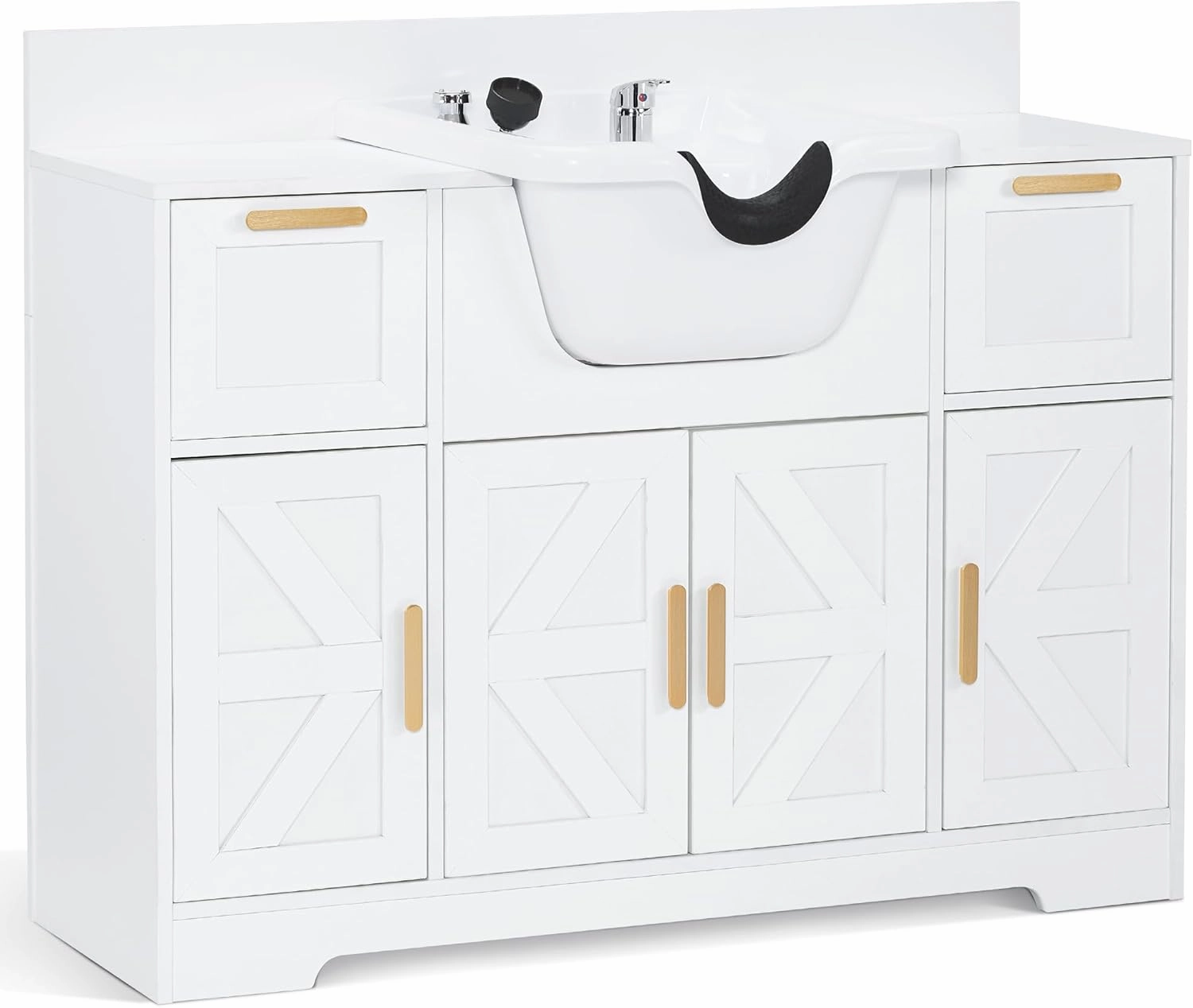 BarberPub Portable Shampoo Station, Shampoo Bowl with Cabinet & Drawer, Salon Geometric Finish Station with Sprayer Faucet, Barber Storage Equipment with Hair Wash Backwash Sink 3439 (All White) equipment cabinet,AV gear cabinet,component enclosure,