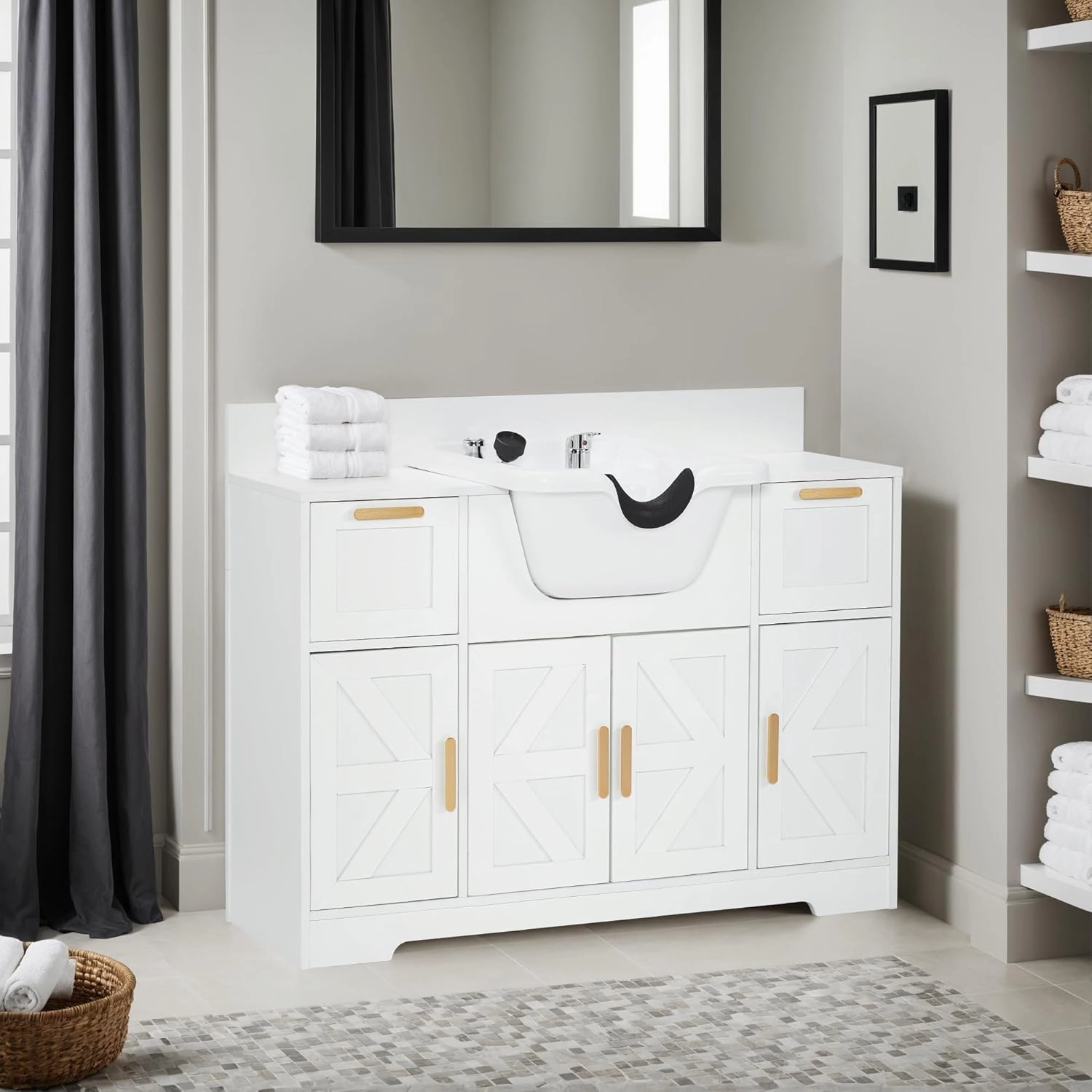 BarberPub Portable Shampoo Station, Shampoo Bowl with Cabinet & Drawer, Salon Geometric Finish Station with Sprayer Faucet, Barber Storage Equipment with Hair Wash Backwash Sink 3439 (All White)