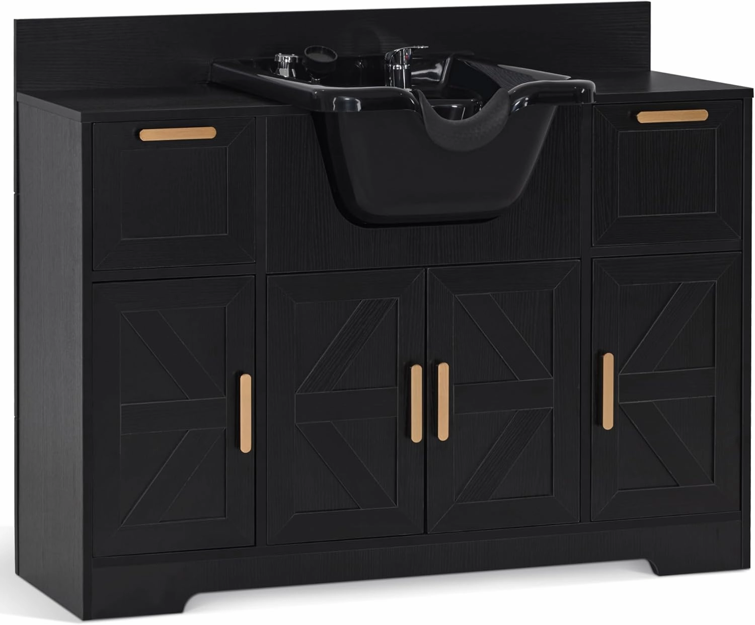 BarberPub Portable Shampoo Station, Shampoo Bowl with Cabinet & Drawer, Salon Geometric Finish Station with Sprayer Faucet, Barber Storage Equipment with Hair Wash Backwash Sink 3439 (Black) equipment cabinet,AV gear cabinet,component enclosure,
