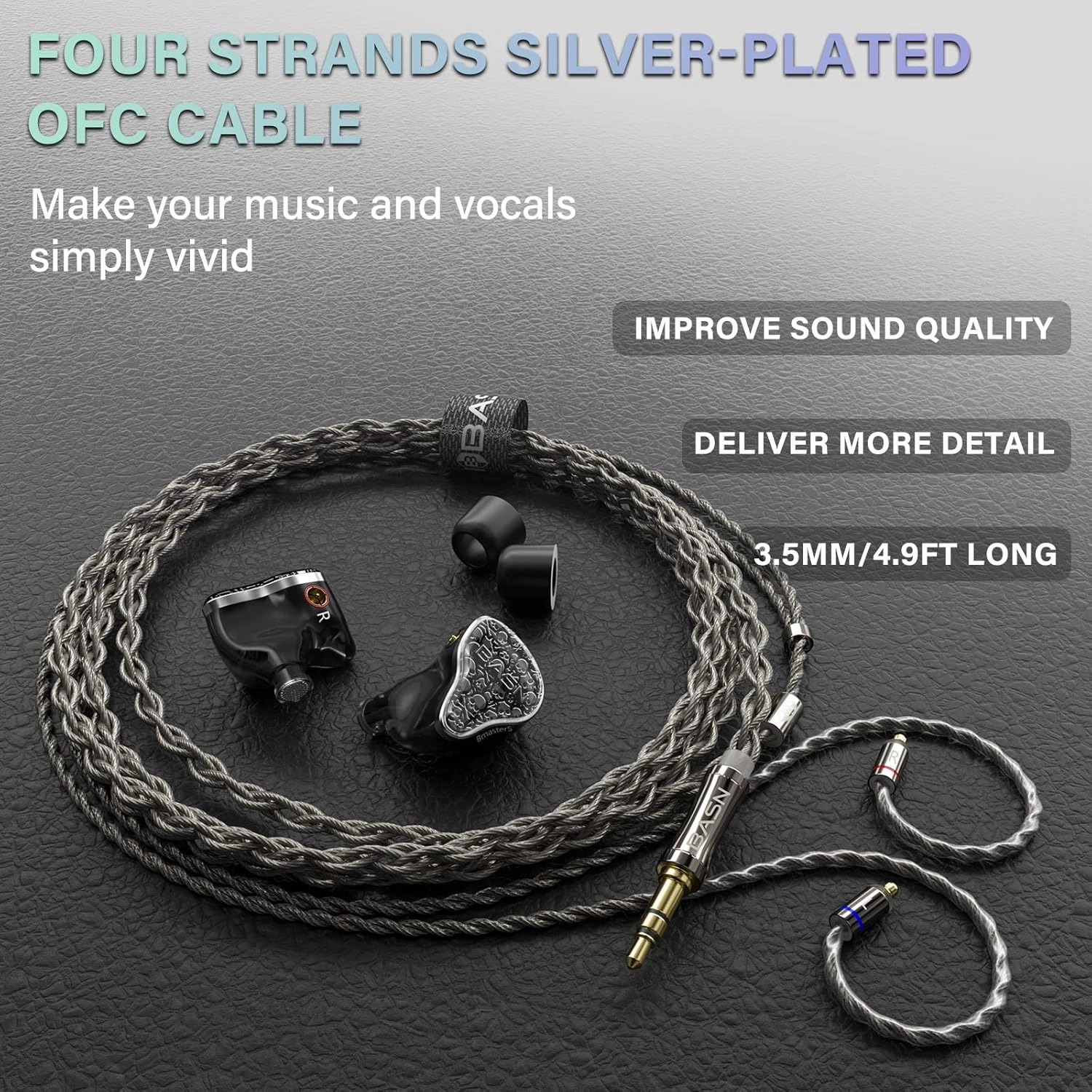 BASN Bmaster5 in Ear Monitors, 1DLC Diaphragm 4BA 5 Drivers Drummers Headphones with Silver-Plated OFC Cable, Noise Isolation IEM Earbuds for Musicians (Midnight Black)