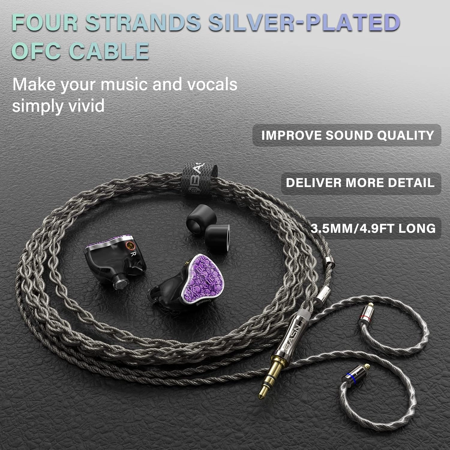 BASN Bmaster5 in Ear Monitors, 1DLC Diaphragm 4BA 5 Drivers IEM Earphones with Silver-Plated OFC Cable, Noise Isolation Wired Earbuds for Musicians (Purple)