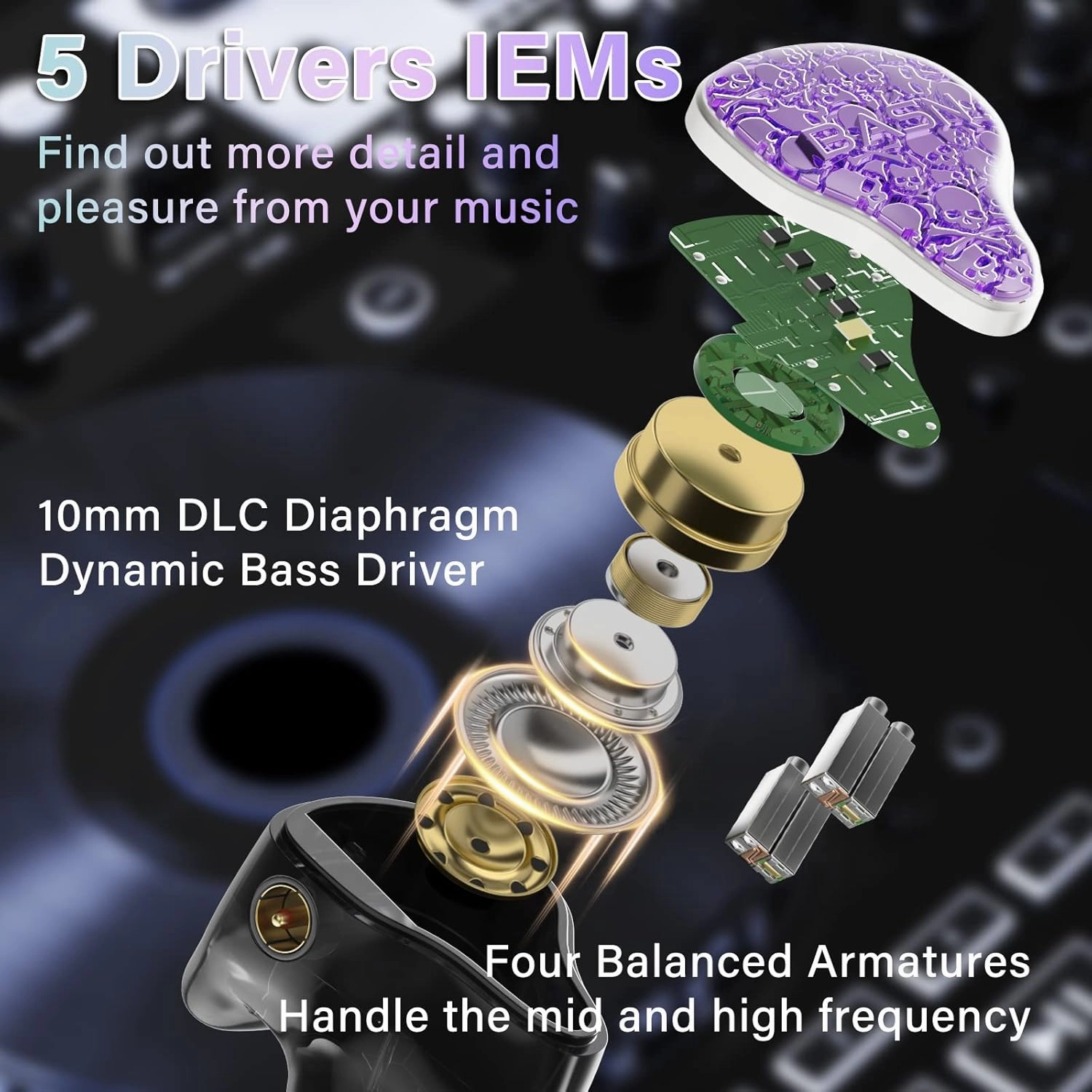 BASN Bmaster5 in Ear Monitors, 1DLC Diaphragm 4BA 5 Drivers IEM Earphones with Silver-Plated OFC Cable, Noise Isolation Wired Earbuds for Musicians (Purple)