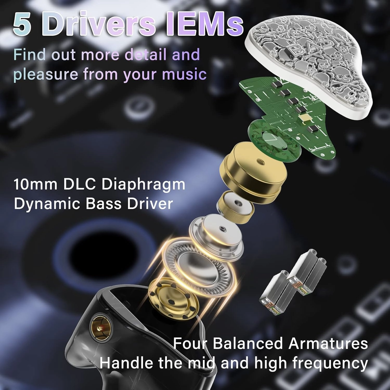 BASN Bmaster5 in Ear Monitors, 1DLC Diaphragm 4BA 5 Drivers IEM Earphones with Silver-Plated OFC Cable, Noise Isolation Wired Earbuds for Musicians (Silver)