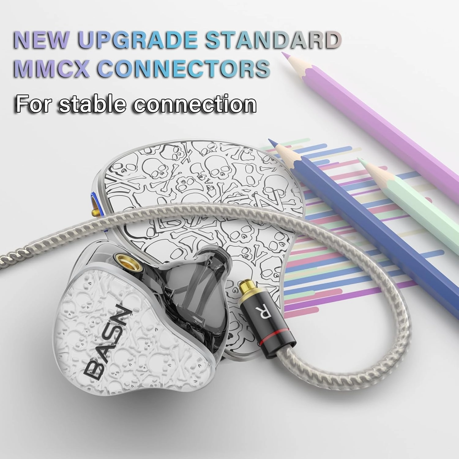 BASN Bmaster5 in Ear Monitors, 5 Drivers Drummer Headphones with Powerful Bass, Noise Isolation IEM Earbuds with Detachable MMCX Sliver-Plated OFC Cable for Musicians (Glacier White, MMCX)
