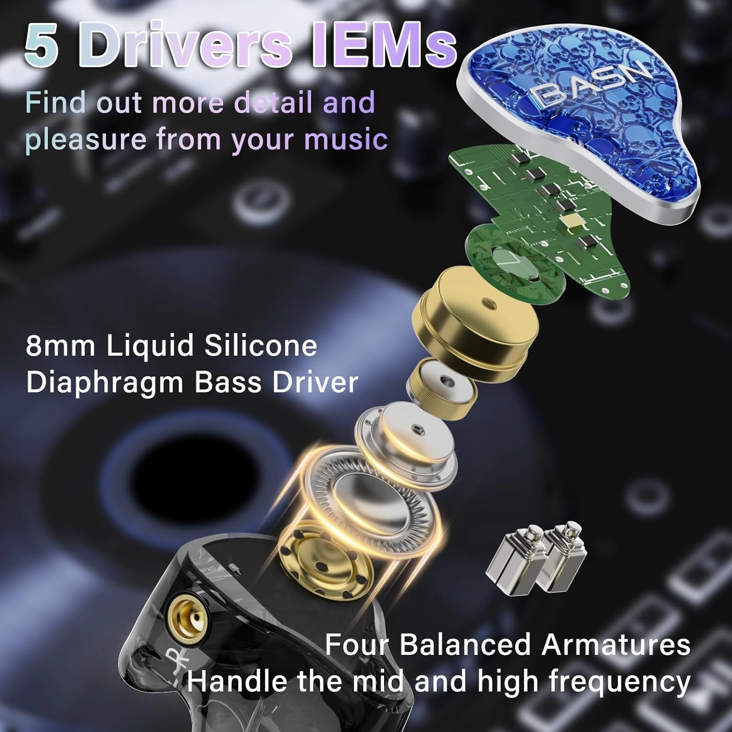 BASN Bmaster5 in Ear Monitors, 5 Drivers Drummer Headphones with Powerful Bass, Noise Isolation IEM Earbuds with Detachable MMCX Sliver-Plated OFC Cable for Musicians (Sapphire Blue, MMCX)