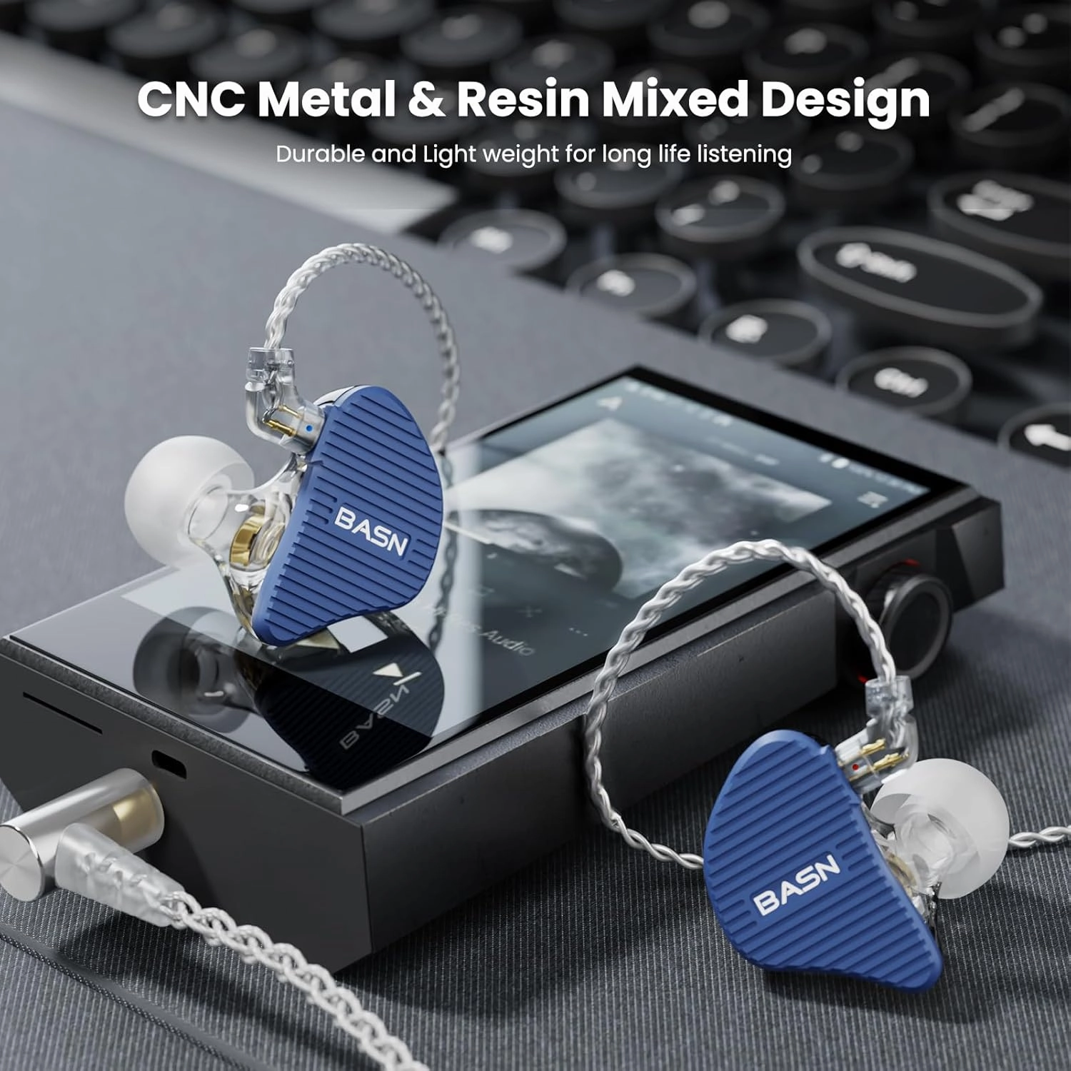BASN Mix-PD in Ear Monitor,1Planar Driver   1Dynamic Driver HiFi IEM Earphones with CNC Crafted Metal Cover, Wired 0.78mm 2-Pin Silver Plated Detachable Cable for Musicians (Blue)