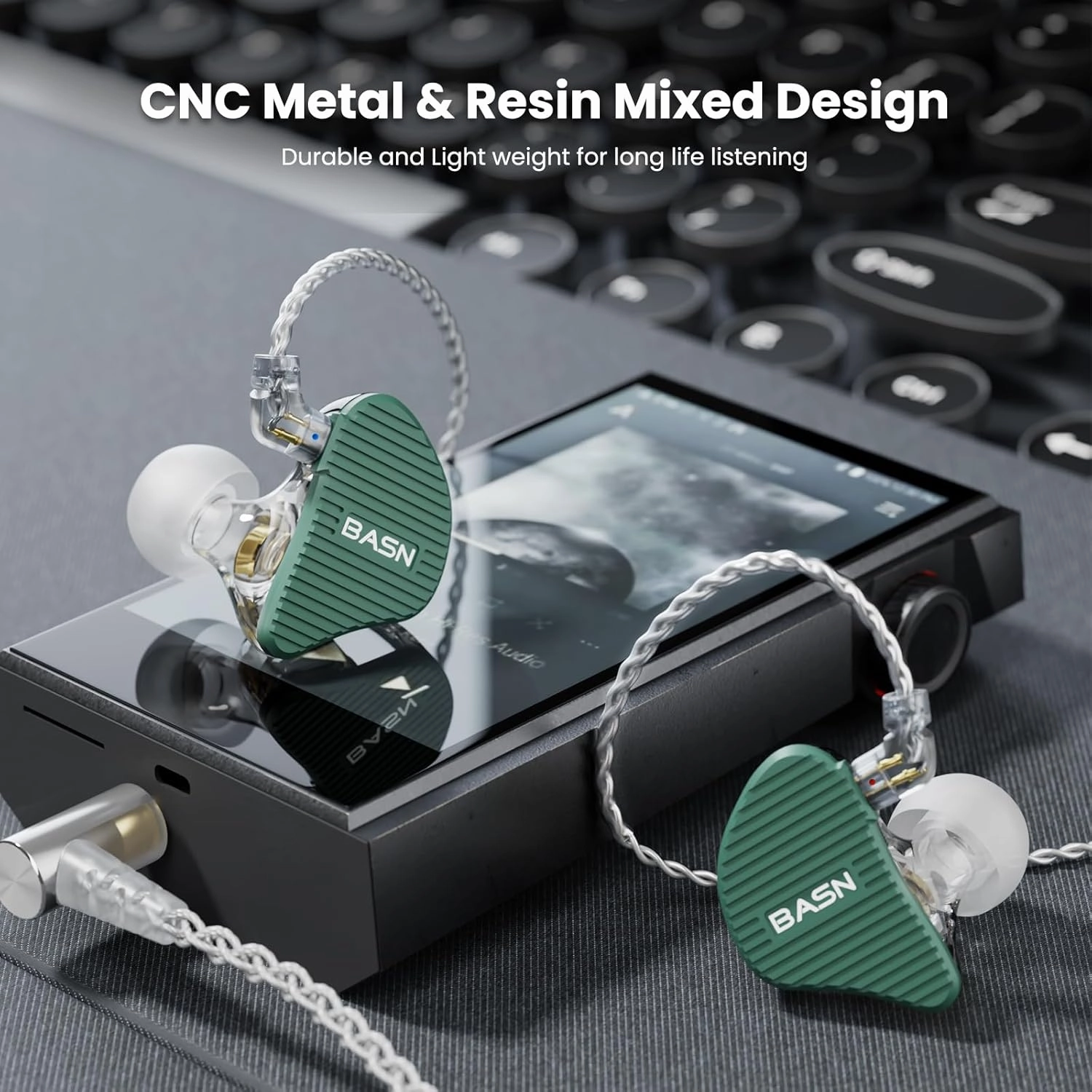BASN Mix-PD in Ear Monitor,1Planar Driver   1Dynamic Driver HiFi IEM Earphones with CNC Crafted Metal Cover, Wired 0.78mm 2-Pin Silver Plated Detachable Cable for Musicians (Green)