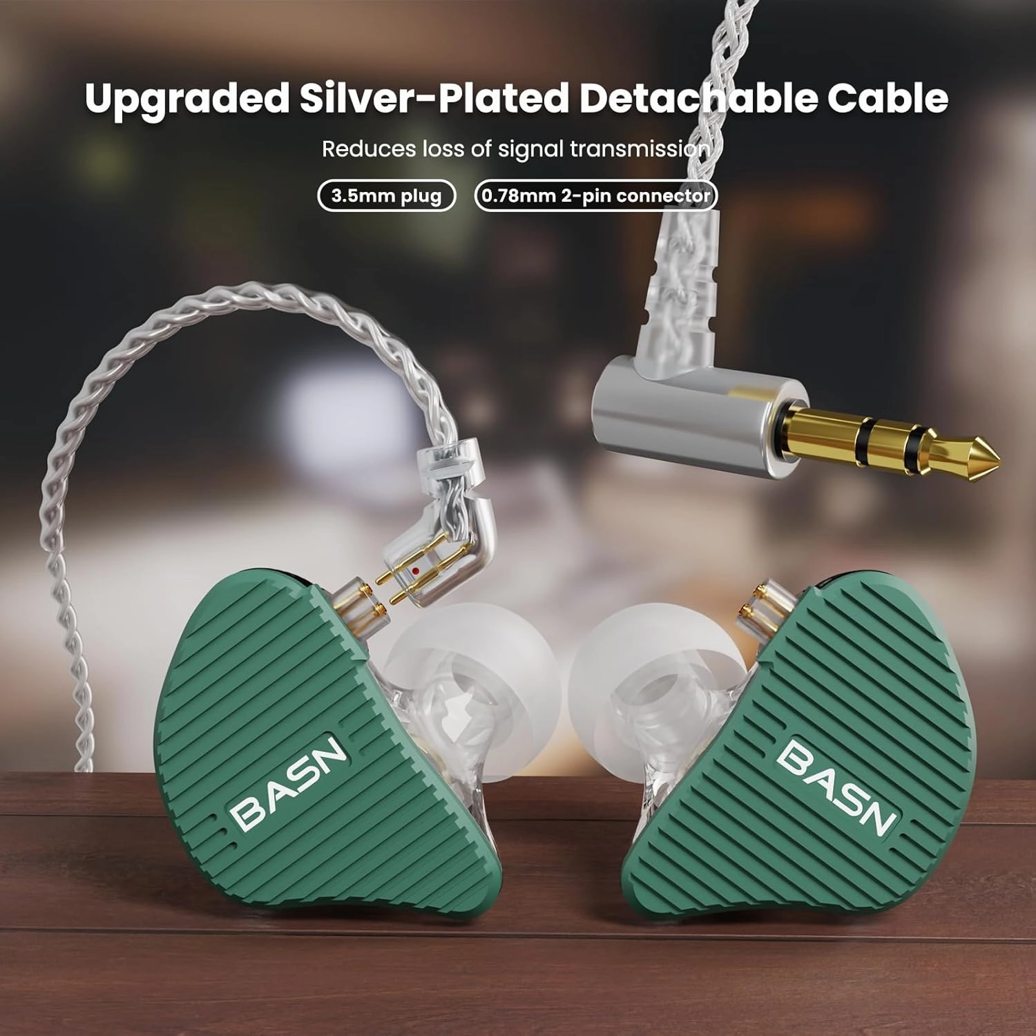 BASN Mix-PD in Ear Monitor,1Planar Driver   1Dynamic Driver HiFi IEM Earphones with CNC Crafted Metal Cover, Wired 0.78mm 2-Pin Silver Plated Detachable Cable for Musicians (Green)