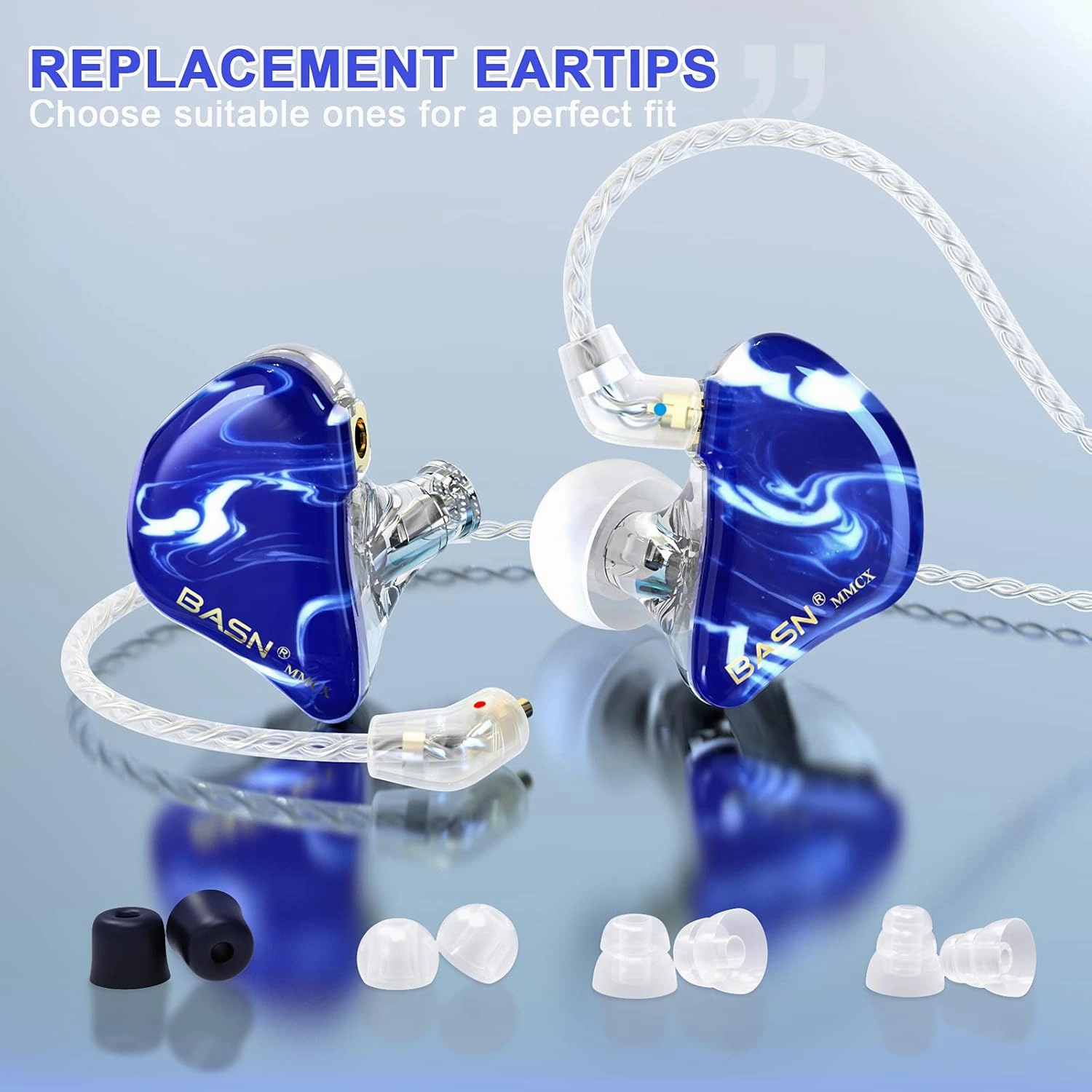 BASN MMCX in Ear Monitor Headphones, Musicians Triple Driver Noise Isolating Earphones with 2 Upgraded Detachable Cables (Ice Blue)