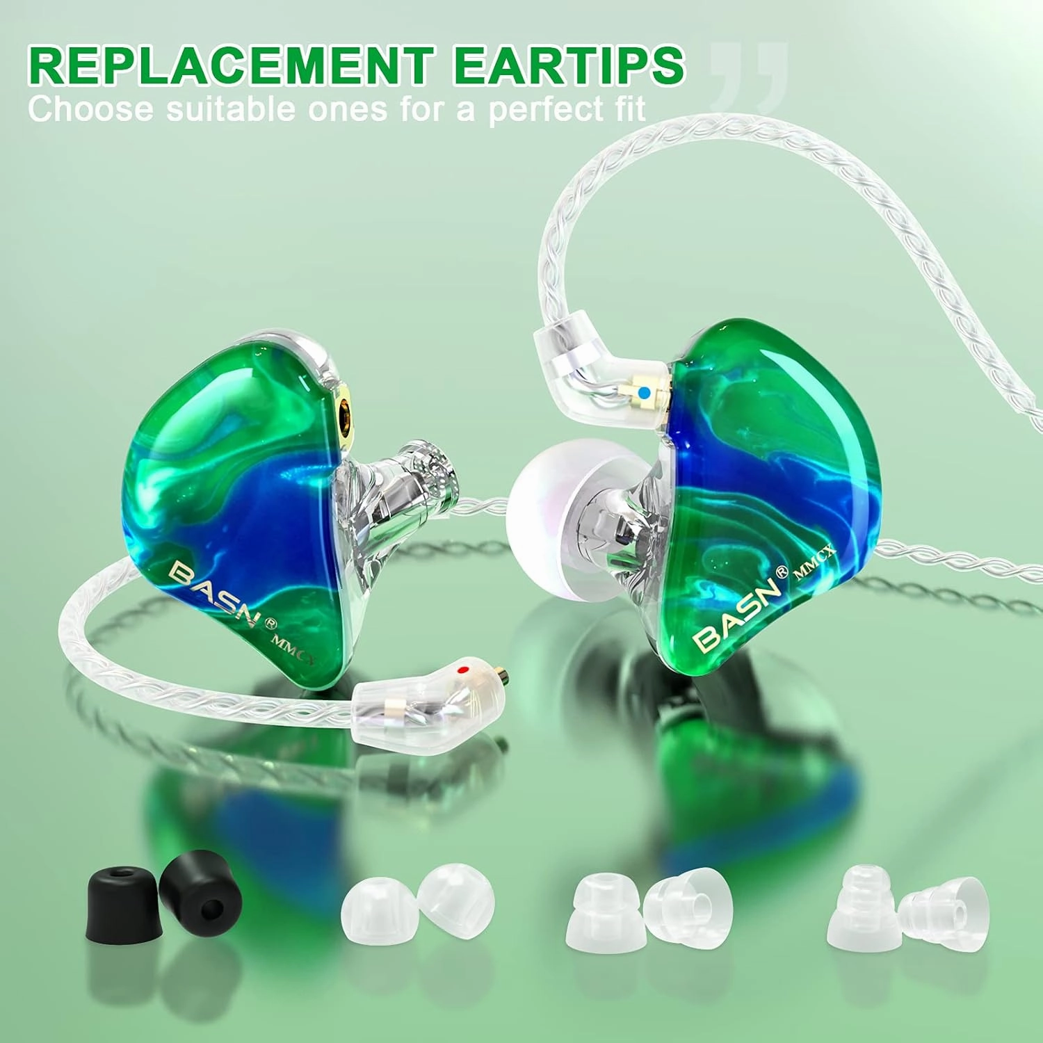 BASN MMCX in Ear Monitor Headphones, Musicians Triple Driver Noise Isolating Earphones with 2 Upgraded Detachable Cables (Ice Green)