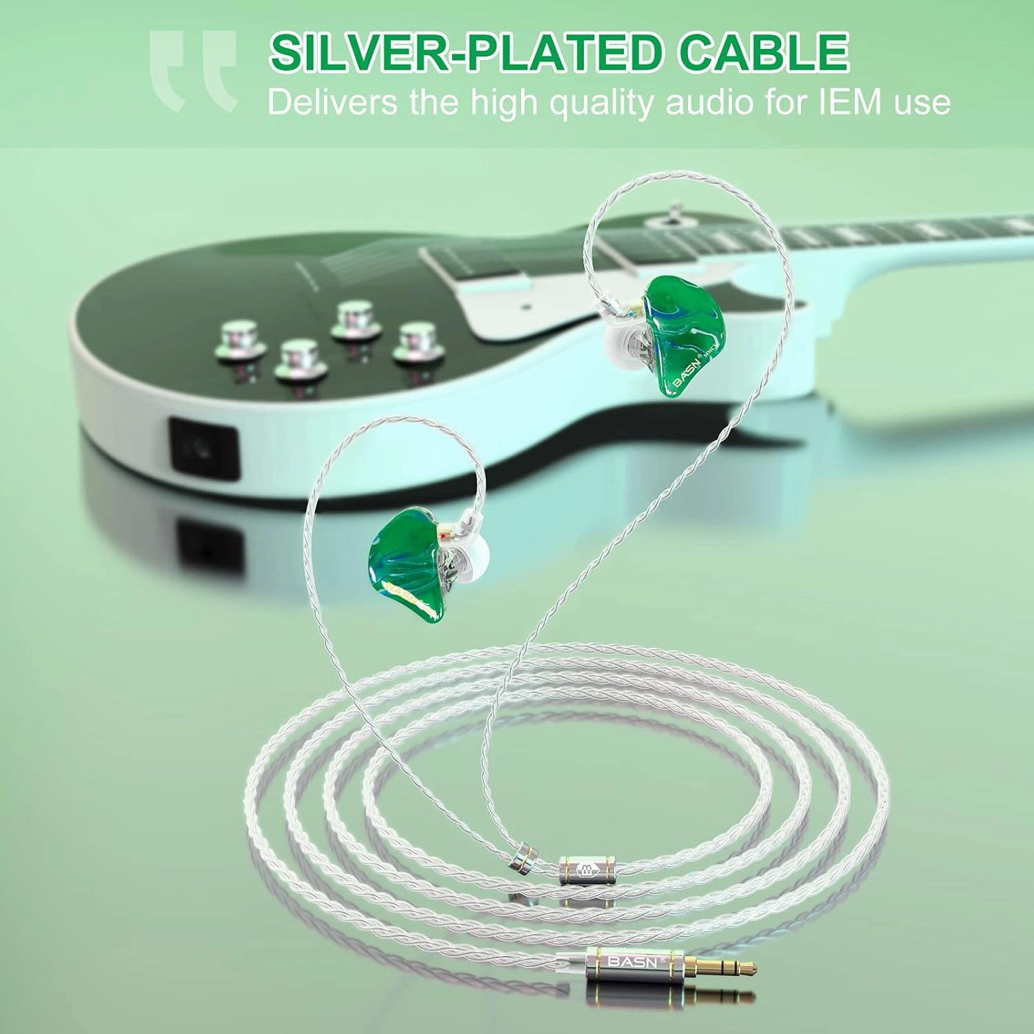 BASN MMCX in Ear Monitor Headphones, Musicians Triple Driver Noise Isolating Earphones with 2 Upgraded Detachable Cables (Ice Green)
