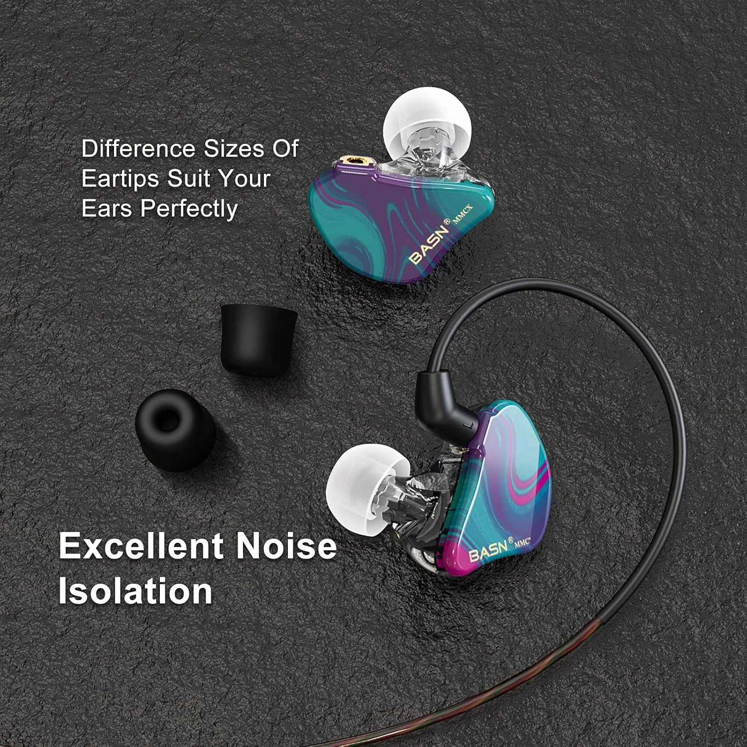 BASN MMCX Triple Driver in-Ear Monitors with Rich Bass, HiFi Stereo IEM Earphones with Upgraded Detachable Cables for Audiophiles Musicians (Purple Aurora)