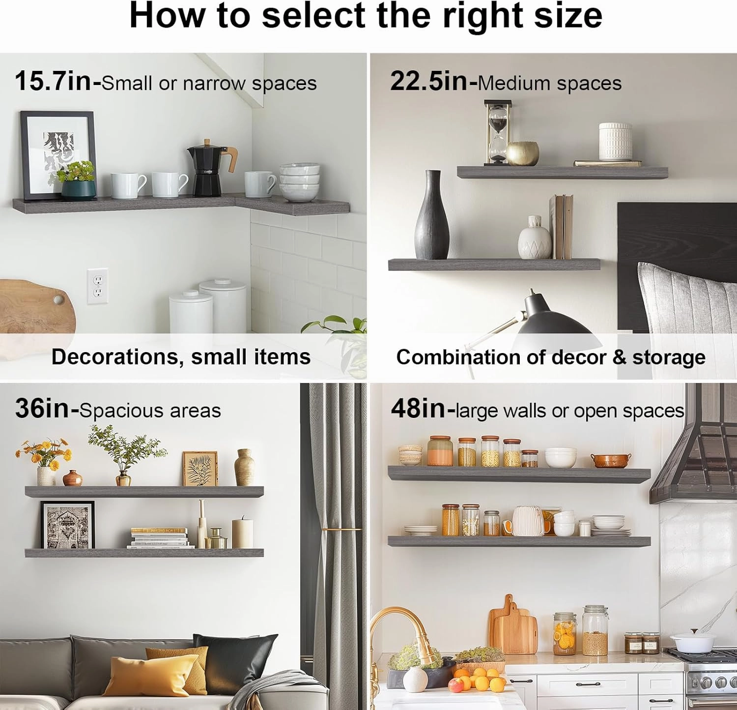 BAYKA Floating Shelves, 22.5" Wall Mounted Wood Shelves for Bathroom, Bedroom, Living Room, Kitchen, Hanging Shelf for Books/Storage/Decor (Grey,Set of 2)