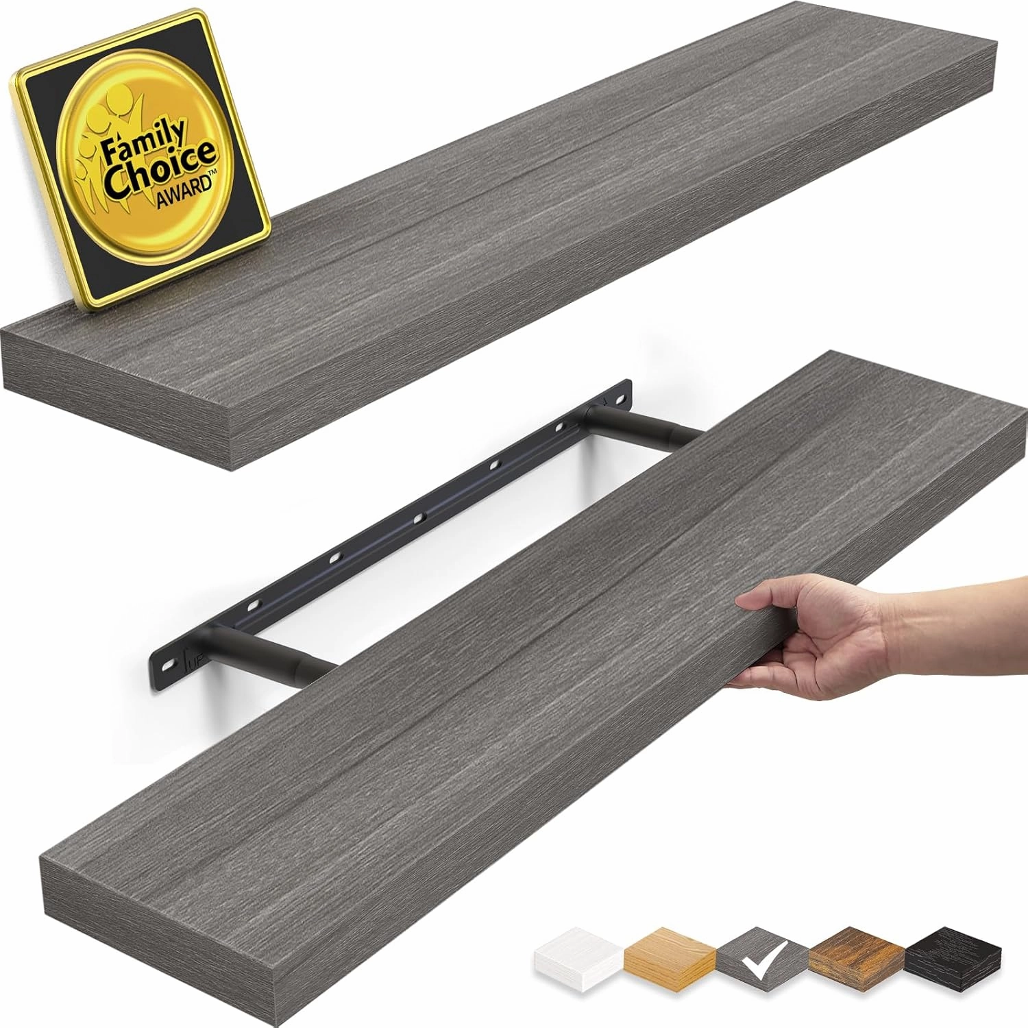 BAYKA Floating Shelves, 22.5" Wall Mounted Wood Shelves for Bathroom, Bedroom, Living Room, Kitchen, Hanging Shelf for Books/Storage/Decor (Grey,Set of 2) speaker wall mount,audio bracket,AV wall mounting,