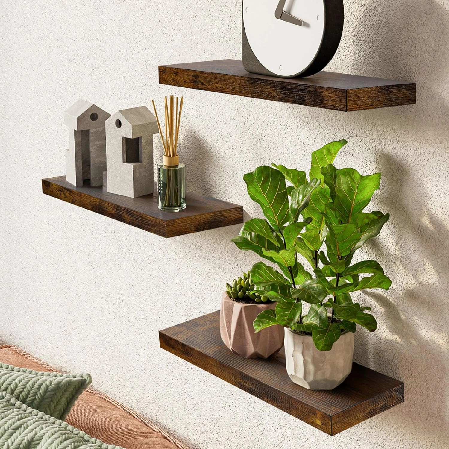 BAYKA Floating Shelves for Wall  Bathroom Shelves Rustic Wood with Metal Brackets for Bathroom, Bedroom, Kitchen, or Living Room Decor  Rustic Brown, Set of 3, Sturdy Storage with 22lb Capacity