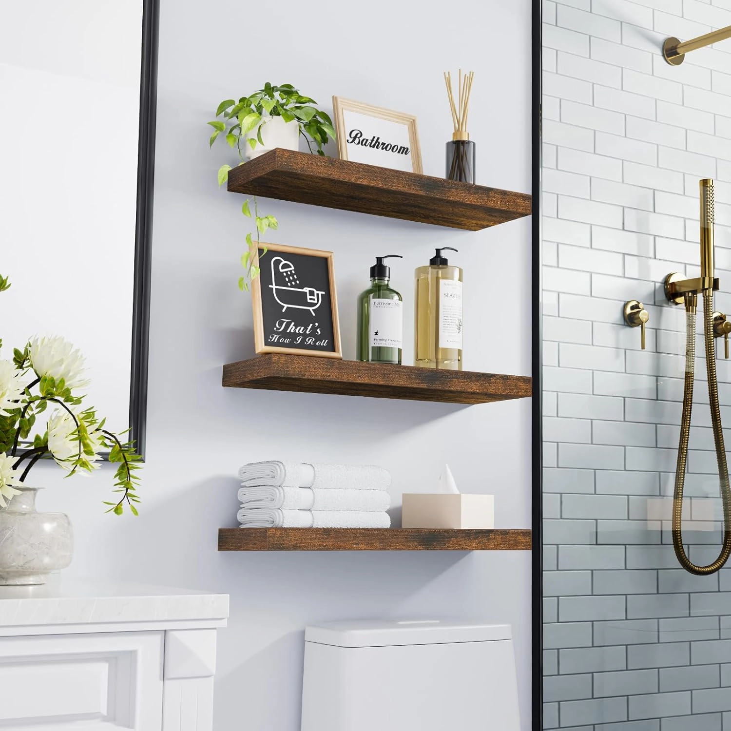 BAYKA Floating Shelves for Wall  Bathroom Shelves Rustic Wood with Metal Brackets for Bathroom, Bedroom, Kitchen, or Living Room Decor  Rustic Brown, Set of 3, Sturdy Storage with 22lb Capacity