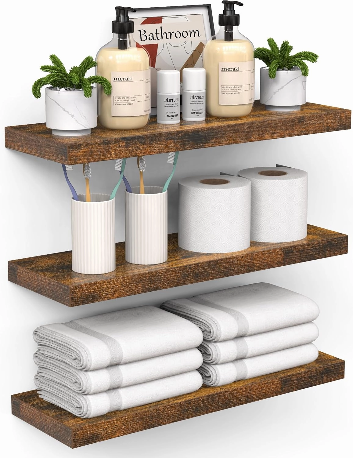 BAYKA Floating Shelves for Wall  Bathroom Shelves Rustic Wood with Metal Brackets for Bathroom, Bedroom, Kitchen, or Living Room Decor  Rustic Brown, Set of 3, Sturdy Storage with 22lb Capacity speaker wall mount,audio bracket,AV wall mounting,