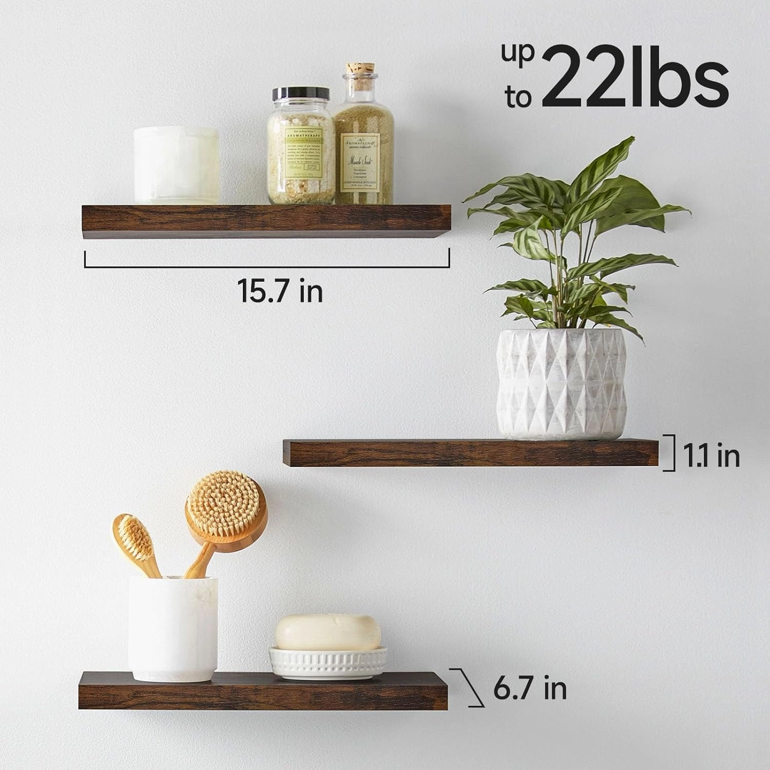 BAYKA Floating Shelves for Wall  Bathroom Shelves Rustic Wood with Metal Brackets for Bathroom, Bedroom, Kitchen, or Living Room Decor  Rustic Brown, Set of 3, Sturdy Storage with 22lb Capacity