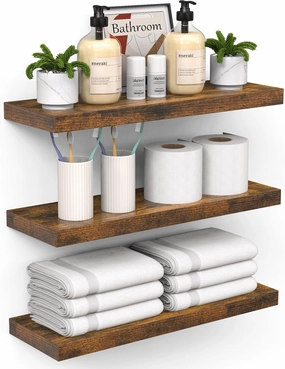 BAYKA Floating Shelves for Wall  Bathroom Shelves Rustic Wood with Metal Brackets for Bathroom, Bedroom, Kitchen, or Living Room Decor  Rustic Brown, Set of 3, Sturdy Storage with 22lb Capacity speaker wall mount,audio bracket,AV wall mounting,