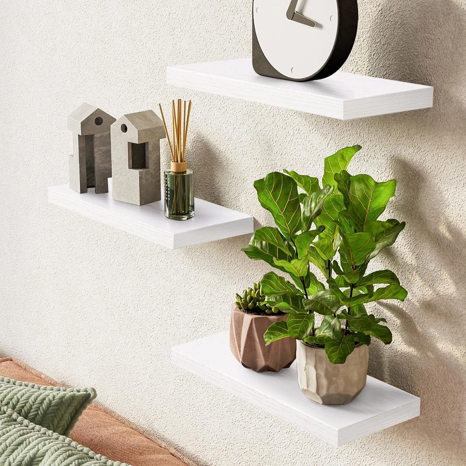BAYKA Floating Shelves for Wall  Rustic Wood Wall Shelves with Metal Brackets for Bathroom, Bedroom, Kitchen, or Living Room Decor  White, Set of 3, Sturdy Storage with 22lb Capacity