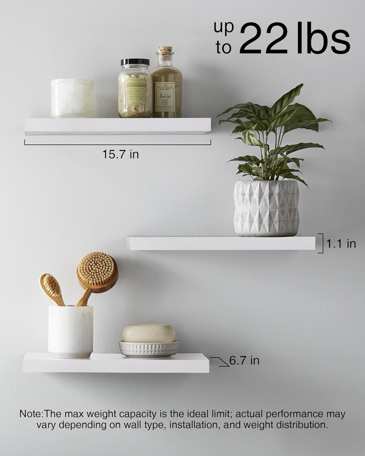 BAYKA Floating Shelves for Wall  Rustic Wood Wall Shelves with Metal Brackets for Bathroom, Bedroom, Kitchen, or Living Room Decor  White, Set of 3, Sturdy Storage with 22lb Capacity