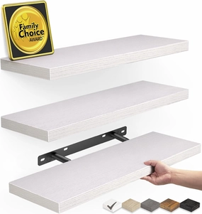 BAYKA Floating Shelves for Wall  Rustic Wood Wall Shelves with Metal Brackets for Bathroom, Bedroom, Kitchen, or Living Room Decor  White, Set of 3, Sturdy Storage with 22lb Capacity speaker wall mount,audio bracket,AV wall mounting,
