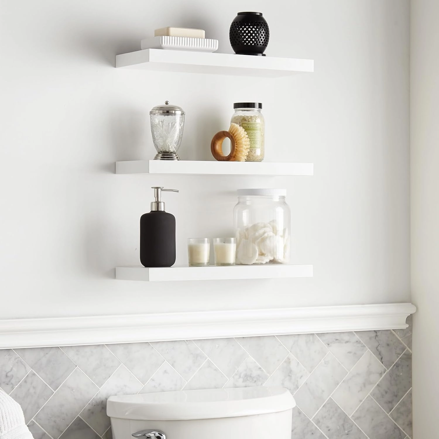 BAYKA Floating Shelves for Wall  Rustic Wood Wall Shelves with Metal Brackets for Bathroom, Bedroom, Kitchen, or Living Room Decor  White, Set of 3, Sturdy Storage with 22lb Capacity