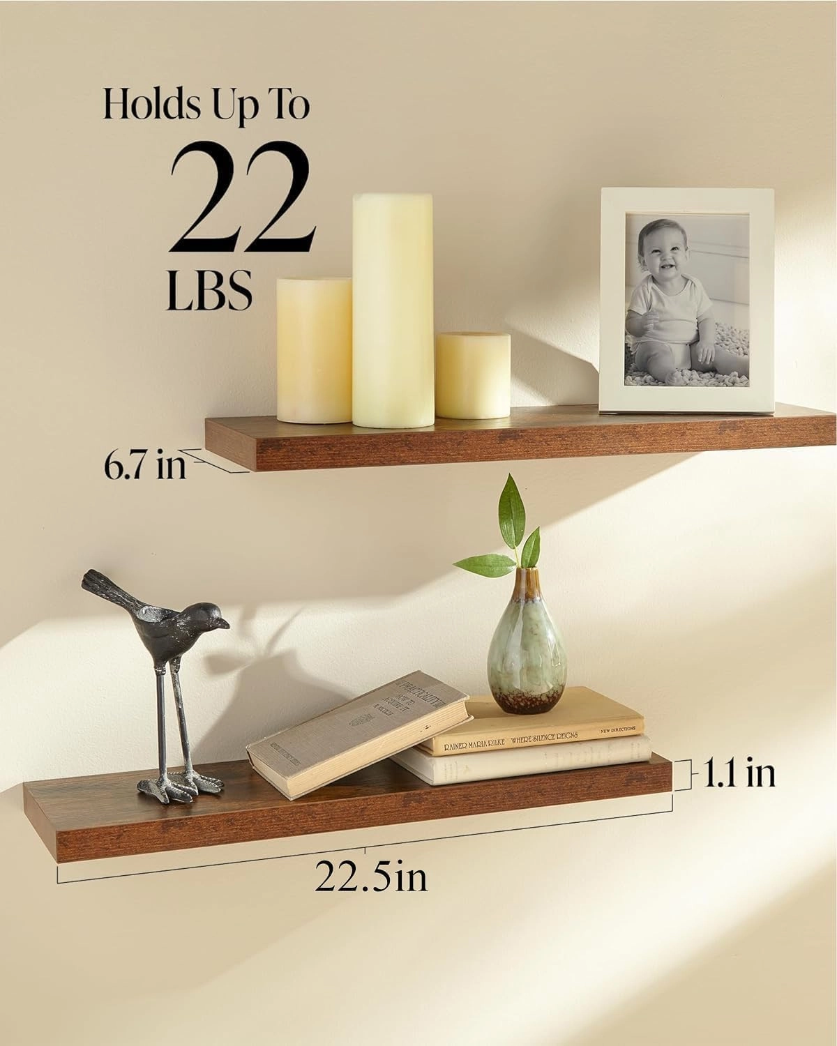 BAYKA Floating Shelves Set of 2, 22.5" Rustic Wood Wall Mounted Shelves for Bathroom, Bedroom, Living Room, Kitchen & Office, Hanging Display Shelf with 22 lbs Capacity (Rustic Brown)