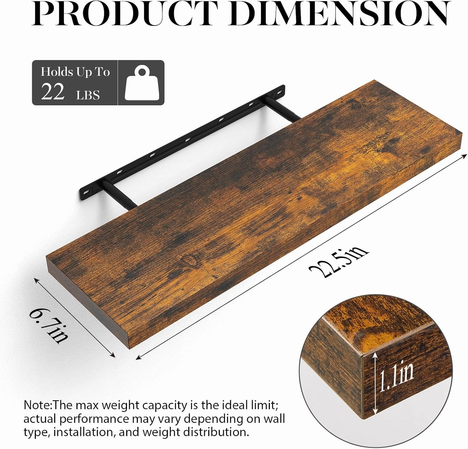 BAYKA Floating Shelves Set of 2, 22.5" Rustic Wood Wall Mounted Shelves for Bathroom, Bedroom, Living Room, Kitchen & Office, Hanging Display Shelf with 22 lbs Capacity (Rustic Brown)