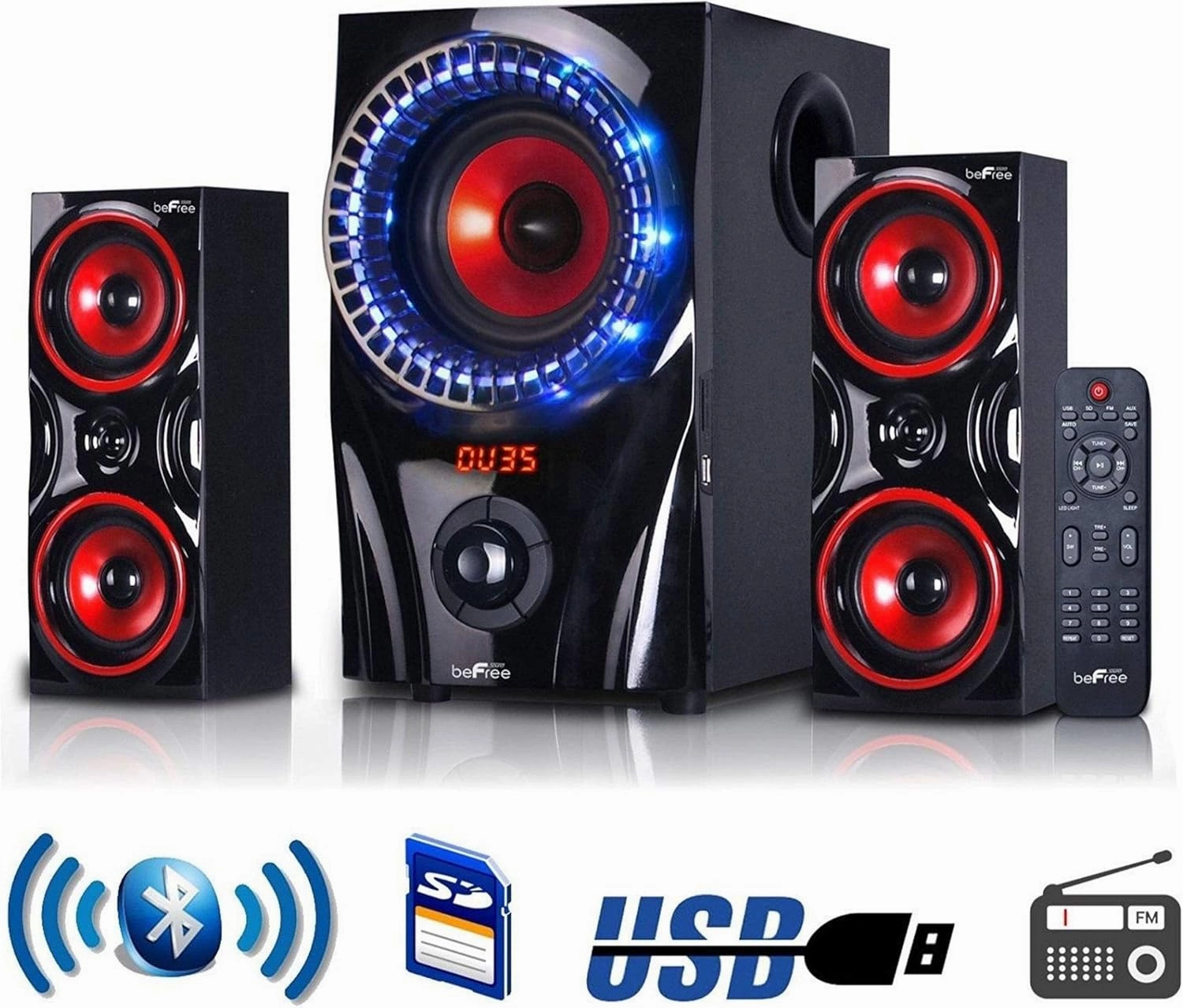 beFree Sound 2.1 Channel Bluetooth Surround Sound Speaker System in Red