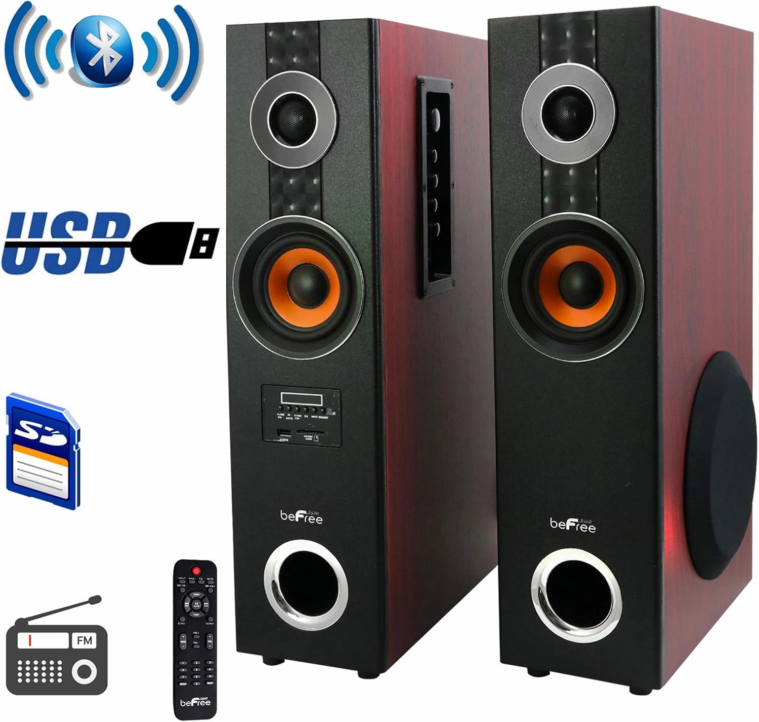 beFree Sound 2.1 Channel Powered Bluetooth Dual Wood Tower Speakers with Optical Input,Brown,BFS-Tower Speaker