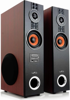beFree Sound 2.1 Channel Powered Bluetooth Dual Wood Tower Speakers with Optical Input,Brown,BFS-Tower Speaker bookshelf speakers,compact stereo speakers,hi-fi shelf speakers,