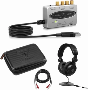 Behringer UCA202 Ultra-Low Latency 2-In/2 Out USB/Audio Interface with Digital Output Bundle WIth Studio Monitor Headphones, Hard Carry Case, RCA Male to 2 RCA Male Stereo Audio Cable 10' audio interface,USB interface,music recording input,