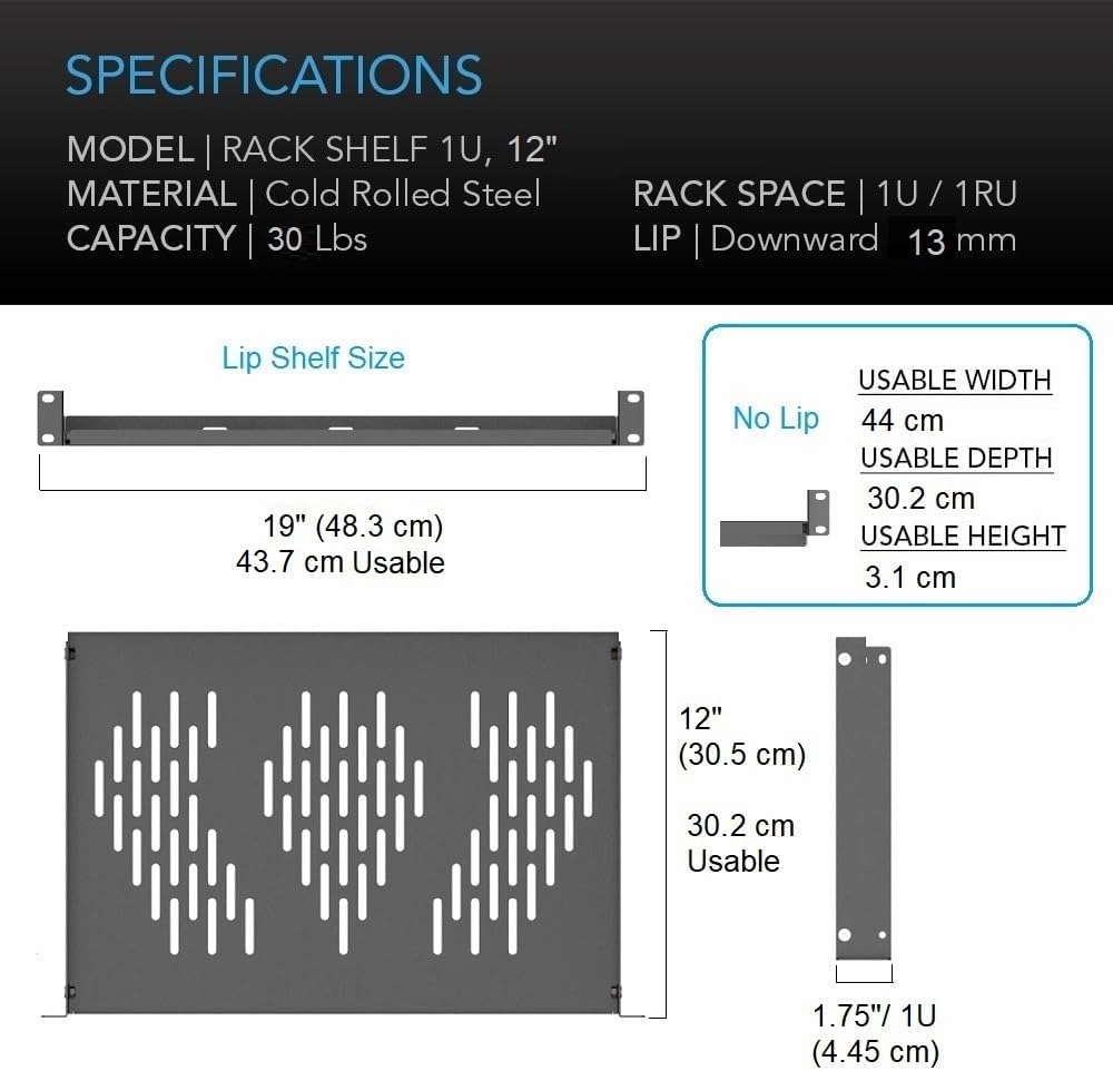 Beiyier 1U Server Rack Shelf, Suitable for 19" Network Equipment Racks and Cabinets, Ventilated Cantilever Tray, Depth of 12 inches, Well-Ventilated (1PCS, Black)